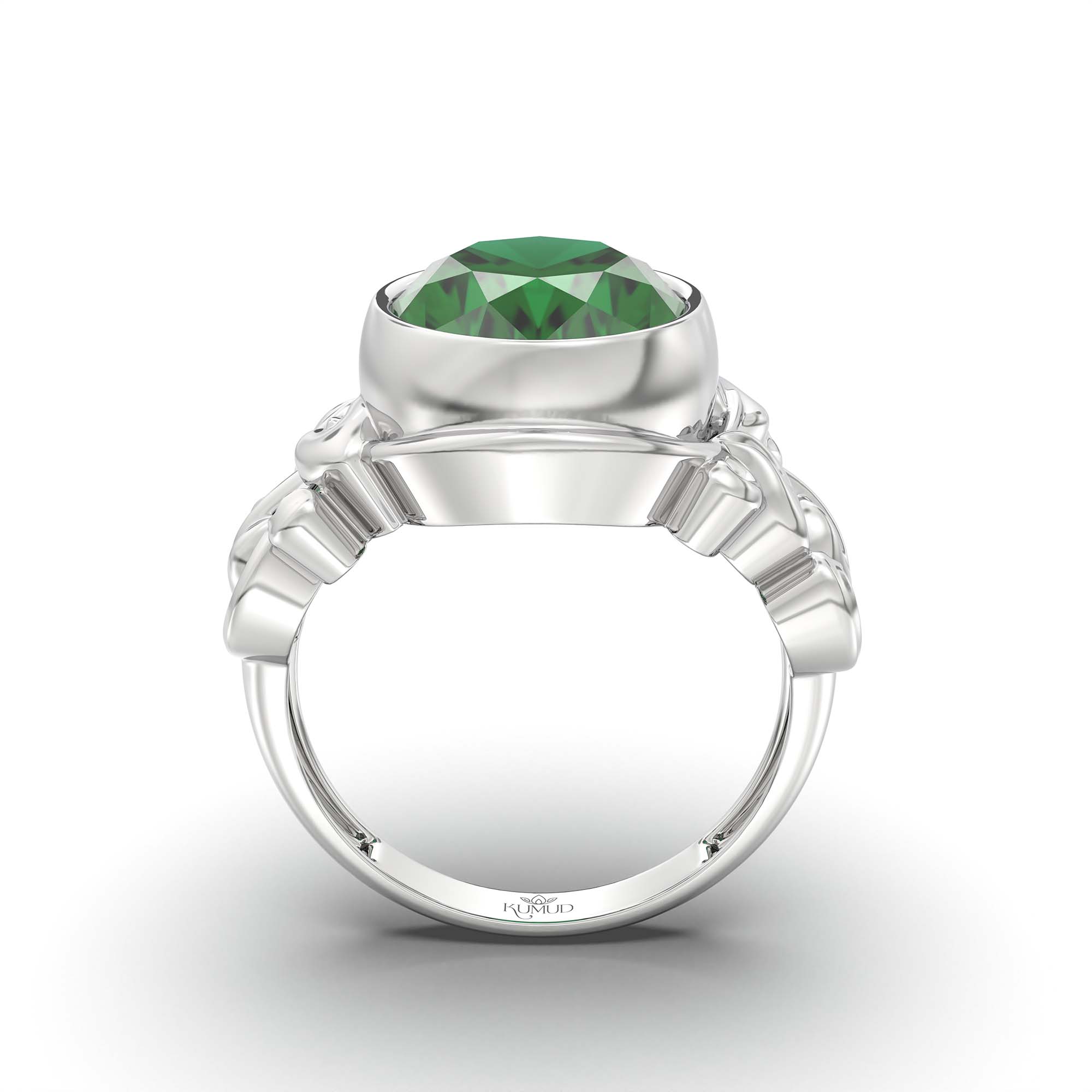 Emerald (Panna) Ring for Men in 18K White Gold – Oval 14x11 mm, Bezel Setting, 9 g (Design K12-5) thumbnail