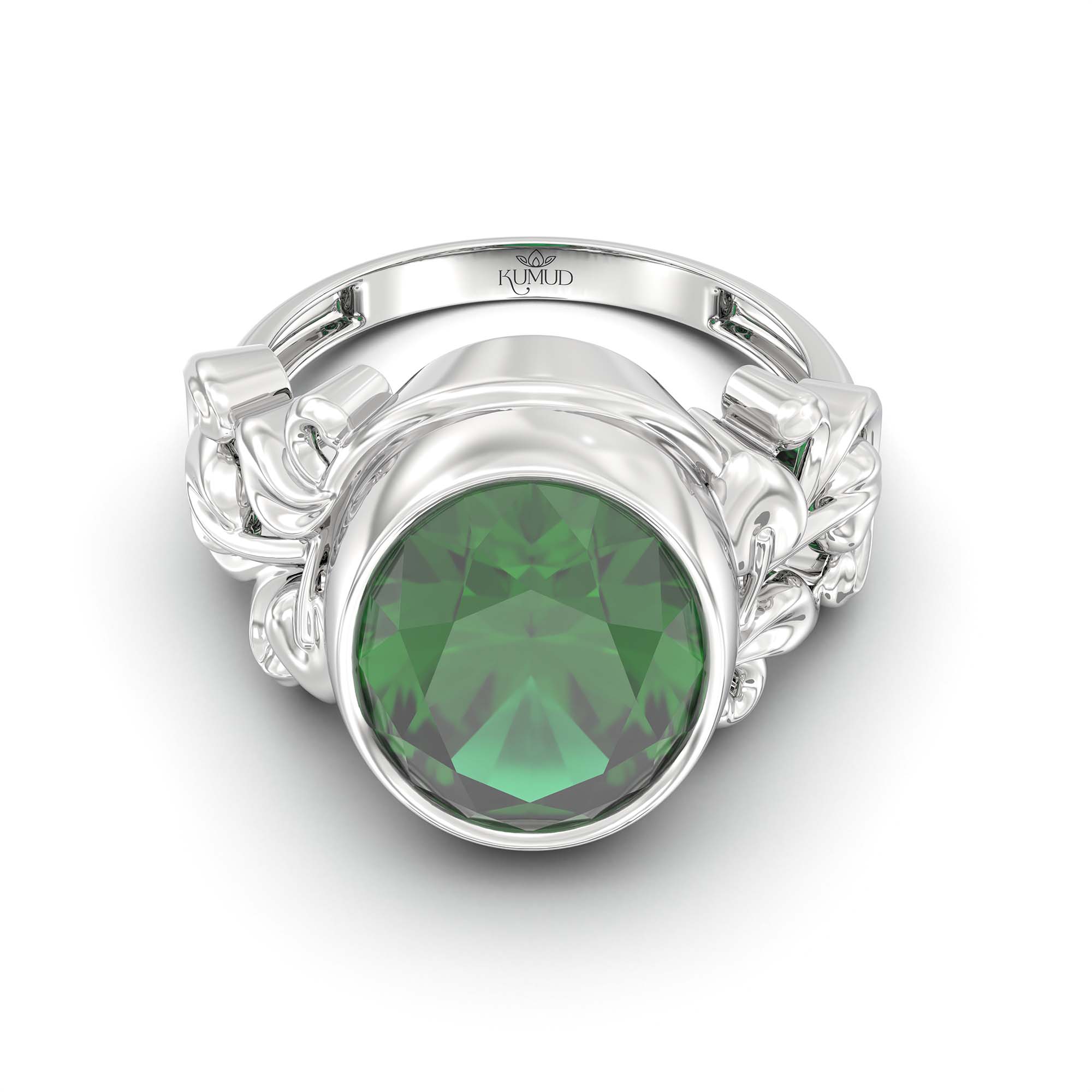 Emerald (Panna) Ring for Men in 18K White Gold – Oval 14x11 mm, Bezel Setting, 9 g (Design K12-5) thumbnail
