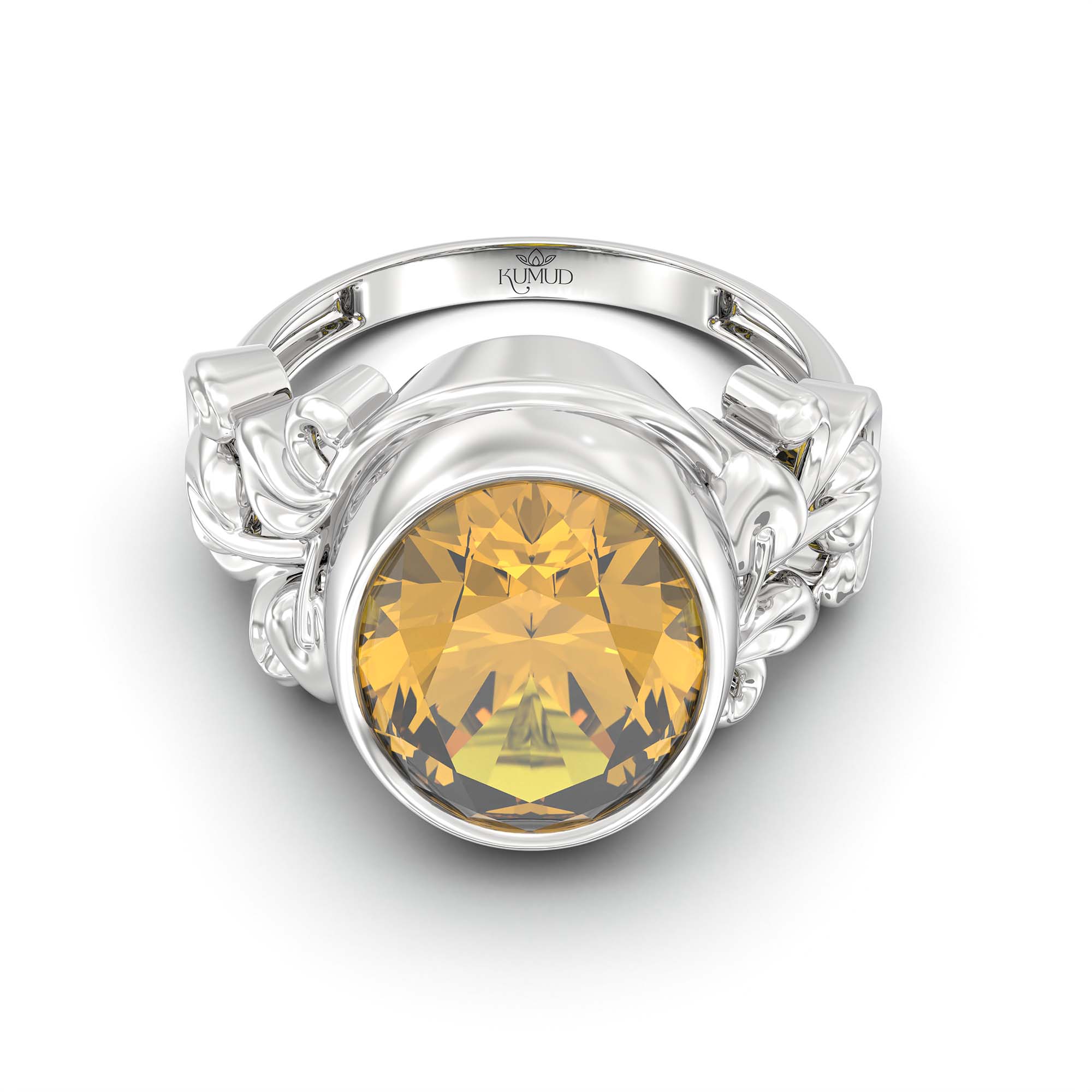 Yellow Sapphire (Pukhraj) Ring for Men in 18K White Gold – Oval 14x11 mm, Bezel Setting, 9 g (Design K12-5) thumbnail