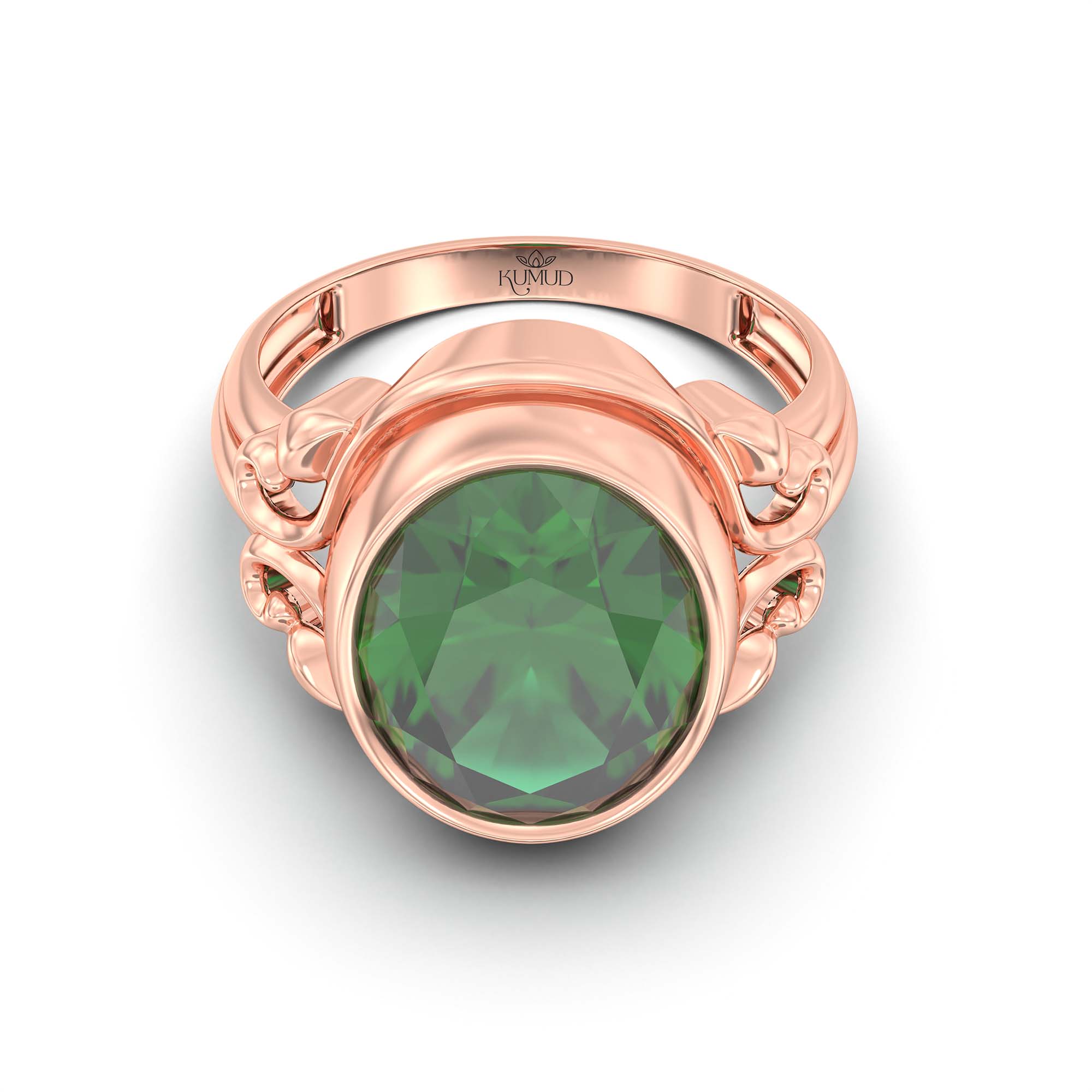 Emerald (Panna) Ring for Men in 18K Rose Gold – Oval 14x11 mm, Bezel Setting, 9 g (Design K12-6) thumbnail