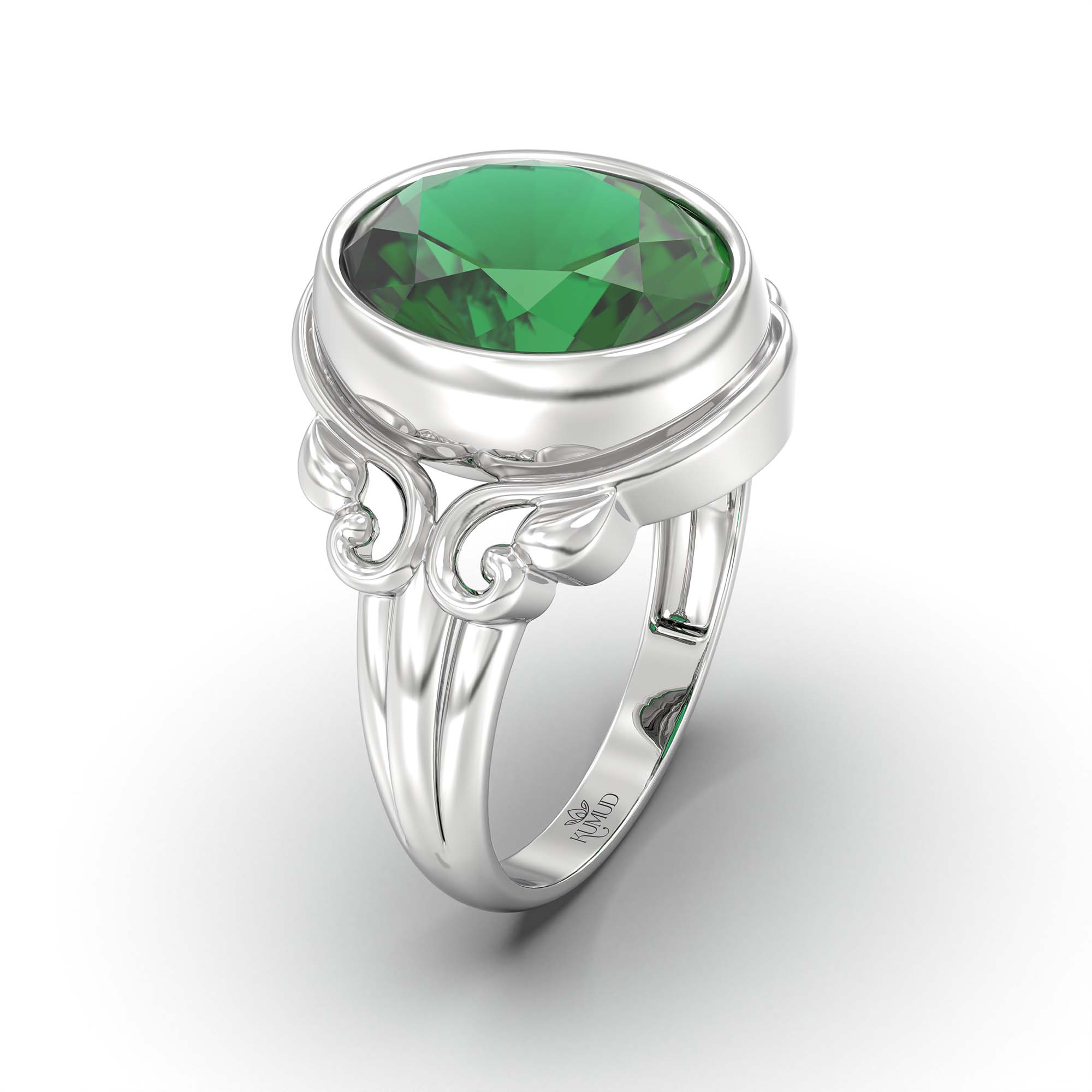 Emerald (Panna) Ring for Men in 18K White Gold – Oval 14x11 mm, Bezel Setting, 9 g (Design K12-6) thumbnail