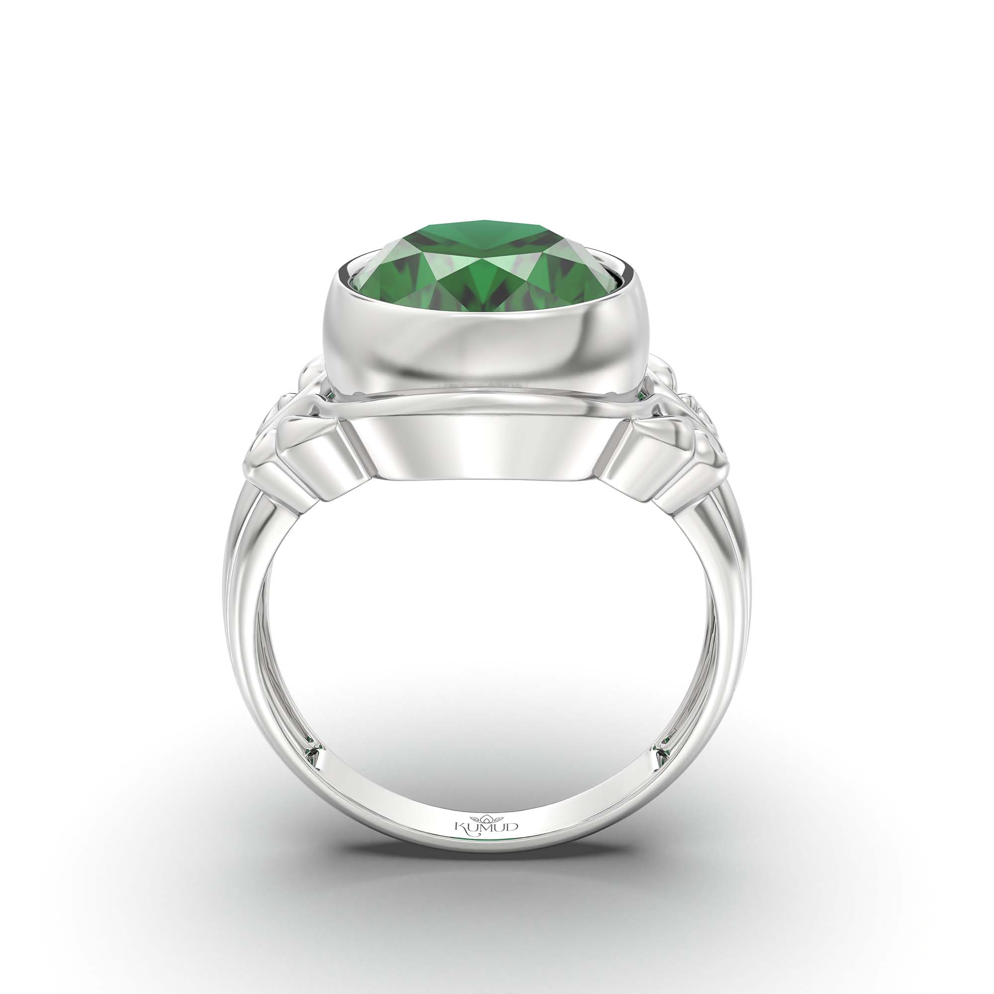 Emerald (Panna) Ring for Men in 18K White Gold – Oval 14x11 mm, Bezel Setting, 9 g (Design K12-6) thumbnail