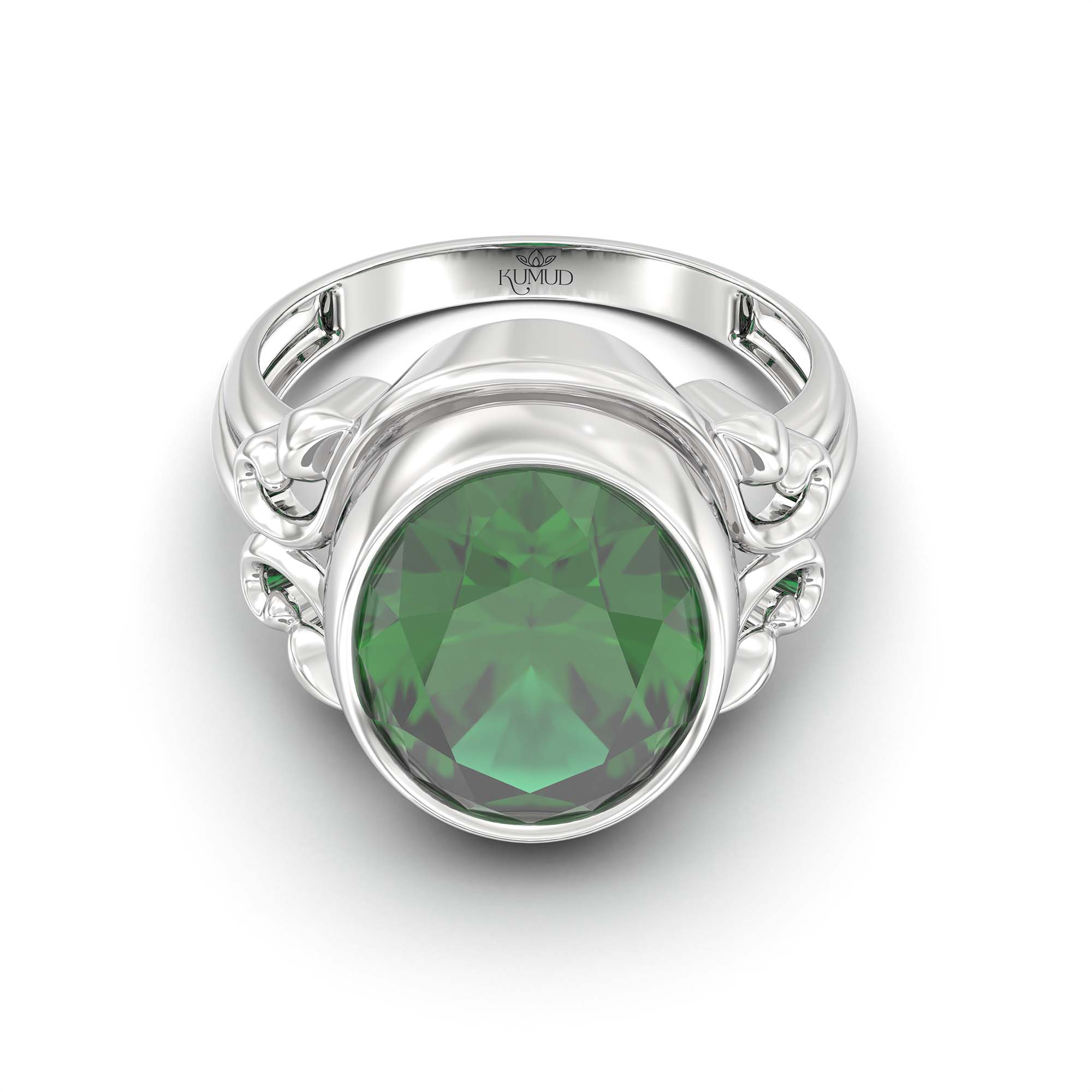 Emerald (Panna) Ring for Men in 18K White Gold – Oval 14x11 mm, Bezel Setting, 9 g (Design K12-6) thumbnail