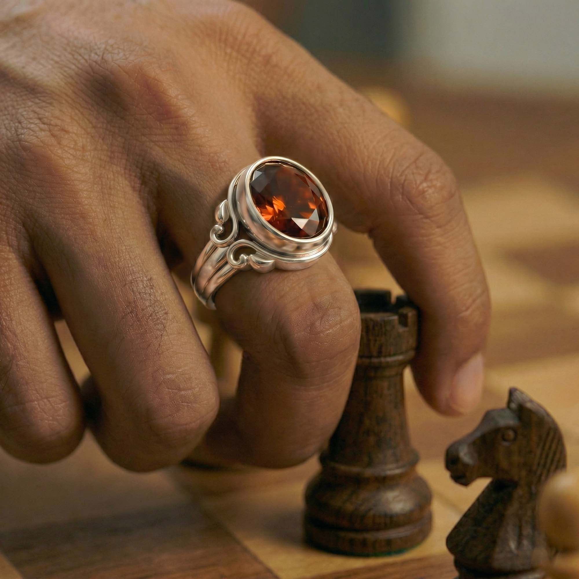 Hessonite (Gomed) Ring for Men in 925 Sterling Silver – Oval 14x11 mm, Bezel Setting, 9 g (Design K12-6) thumbnail