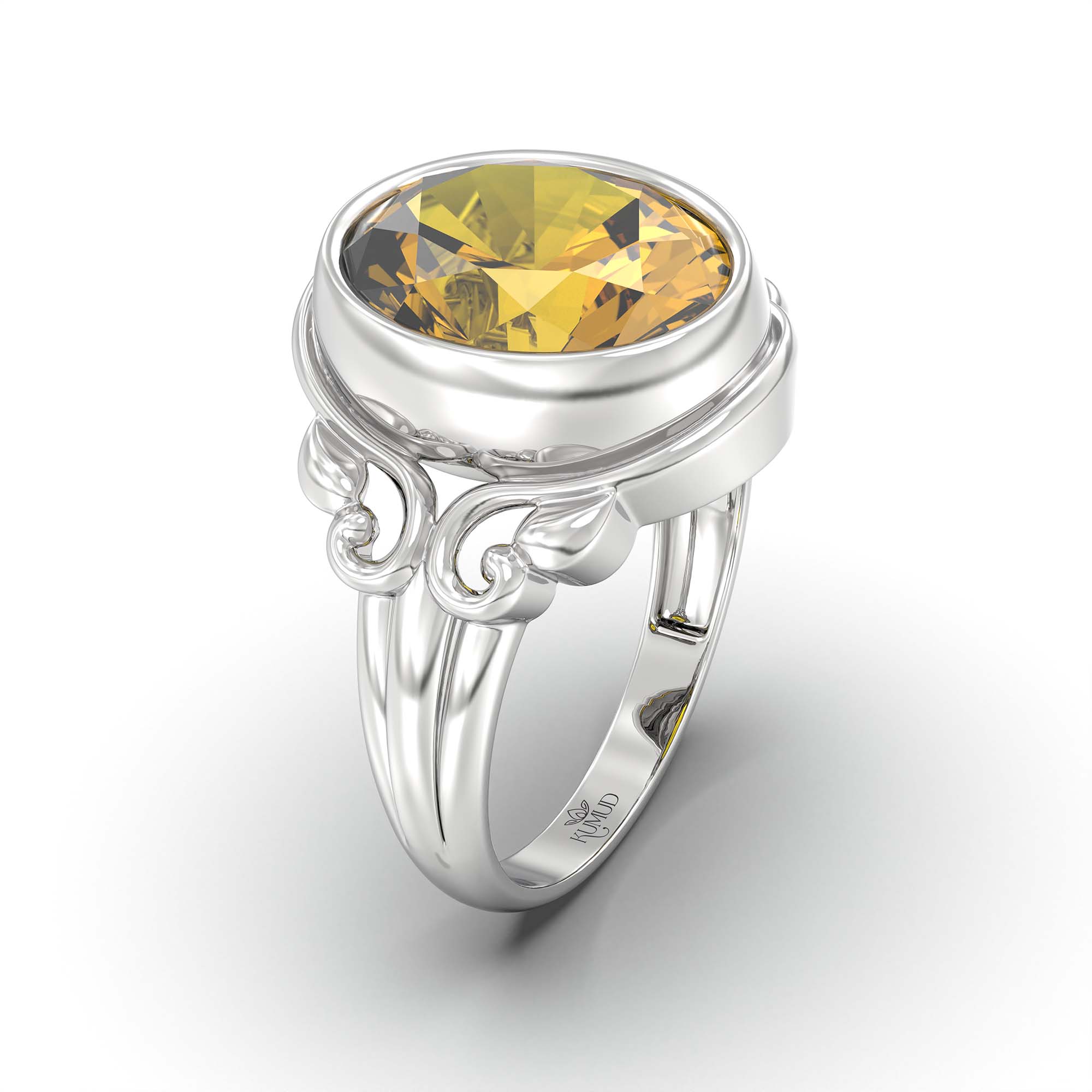 Yellow Sapphire (Pukhraj) Ring for Men in 18K White Gold – Oval 14x11 mm, Bezel Setting, 9 g (Design K12-6) thumbnail