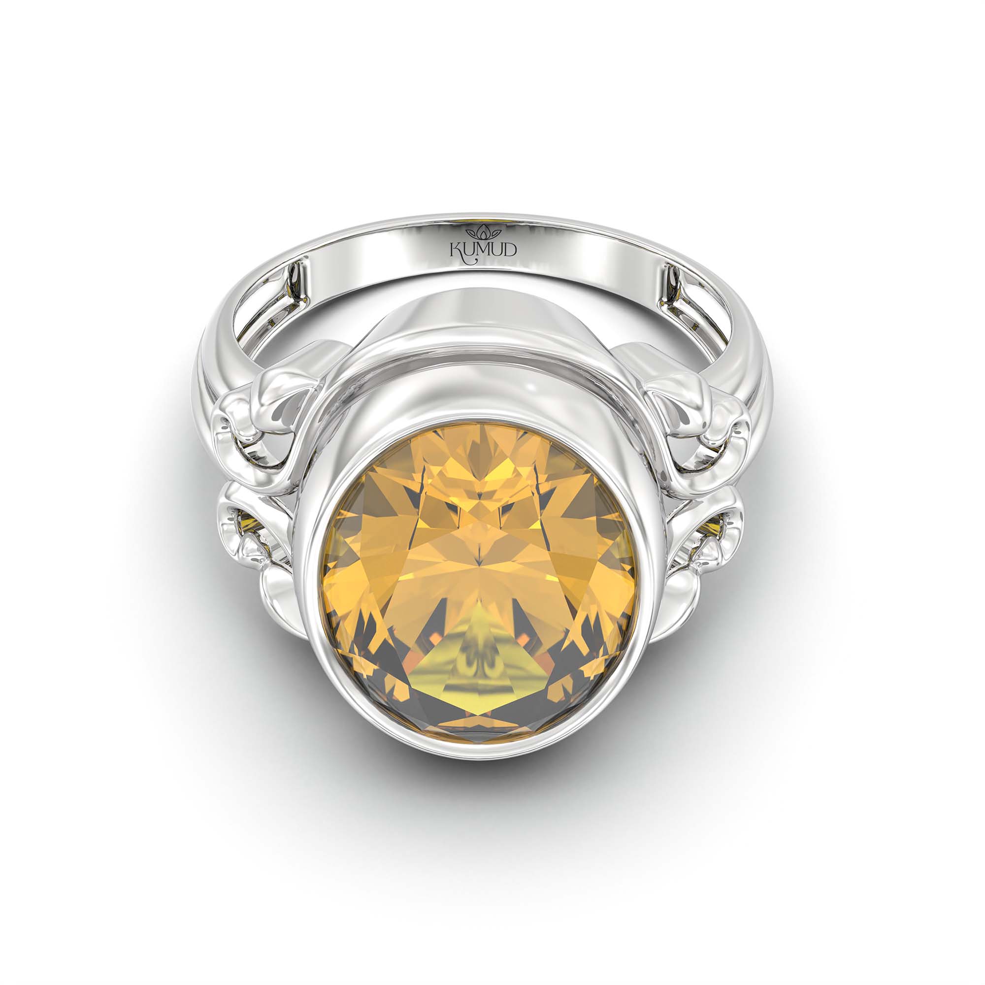 Yellow Sapphire (Pukhraj) Ring for Men in 18K White Gold – Oval 14x11 mm, Bezel Setting, 9 g (Design K12-6) thumbnail