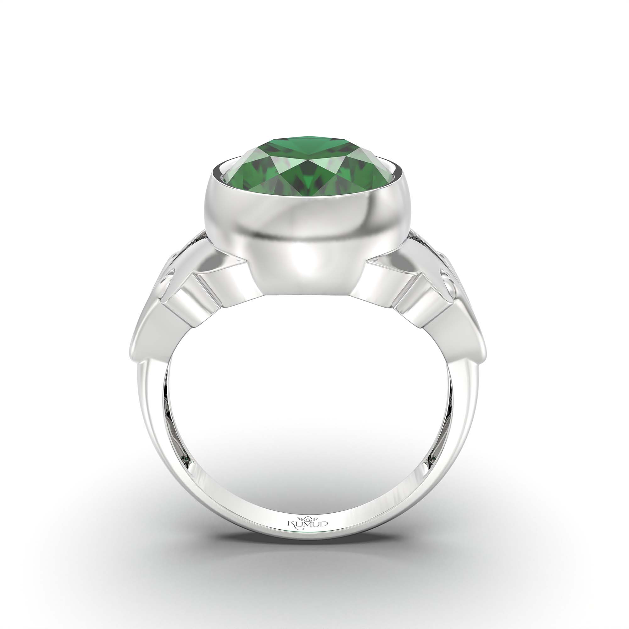 Emerald (Panna) Ring for Men in 18K White Gold – Oval 14x11 mm, Bezel Setting, 9 g (Design K12-7) thumbnail