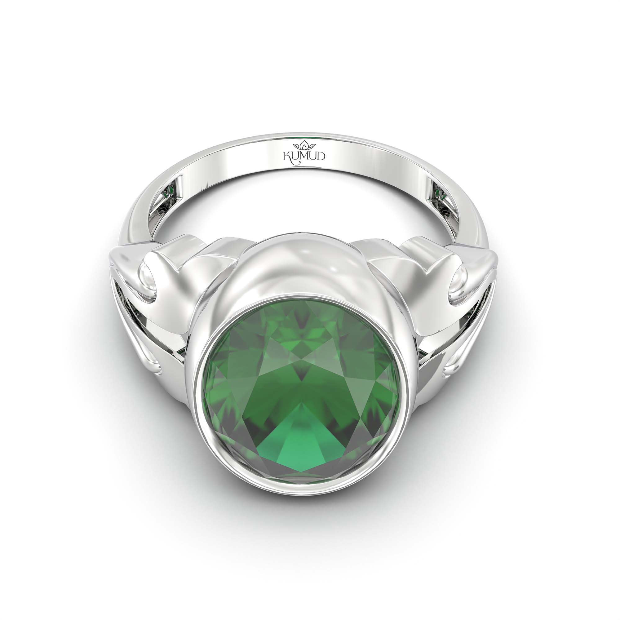 Emerald (Panna) Ring for Men in 18K White Gold – Oval 14x11 mm, Bezel Setting, 9 g (Design K12-7) thumbnail