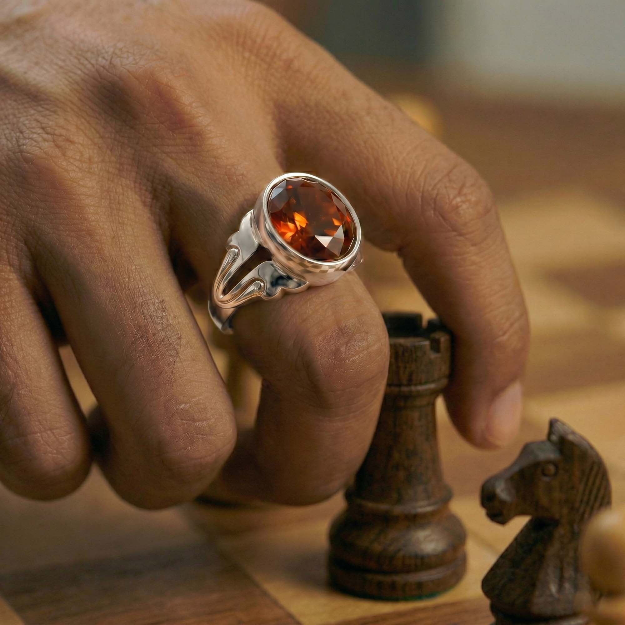 Hessonite (Gomed) Ring for Men in 925 Sterling Silver – Oval 14x11 mm, Bezel Setting, 9 g (Design K12-7) thumbnail