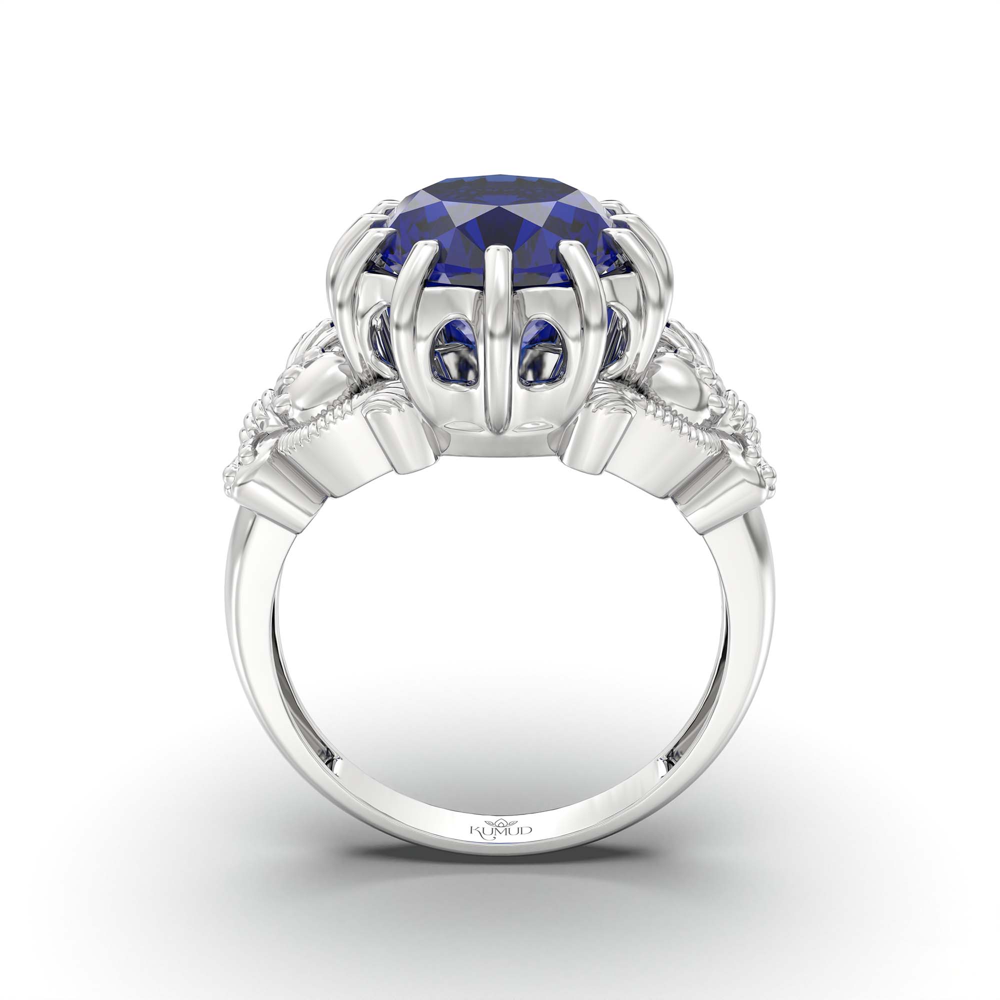 Blue Sapphire (Neelam) Ring for Men in 18K White Gold – Oval 14x11 mm, Prong Setting, 10 g (Design K12-8) thumbnail