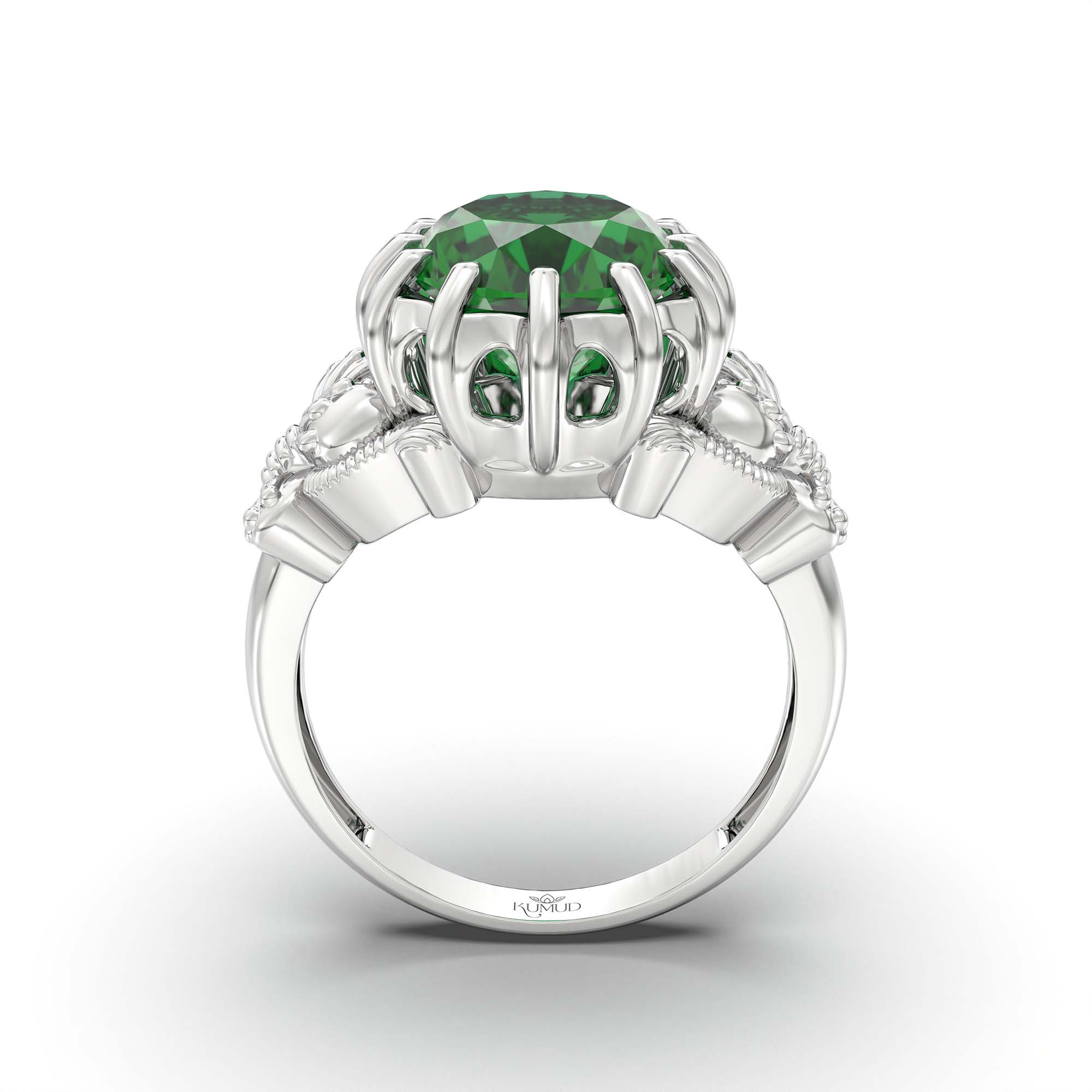 Emerald (Panna) Ring for Men in 18K White Gold – Oval 14x11 mm, Prong Setting, 10 g (Design K12-8) thumbnail