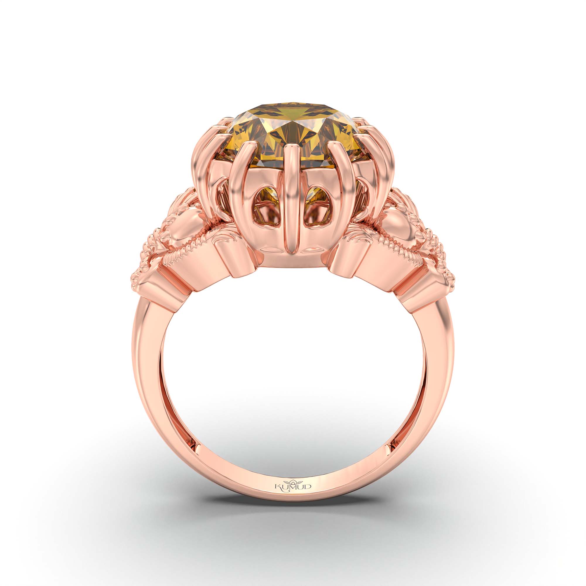 Yellow Sapphire (Pukhraj) Ring for Men in 18K Rose Gold – Oval 14x11 mm, Prong Setting, 10 g (Design K12-8) thumbnail