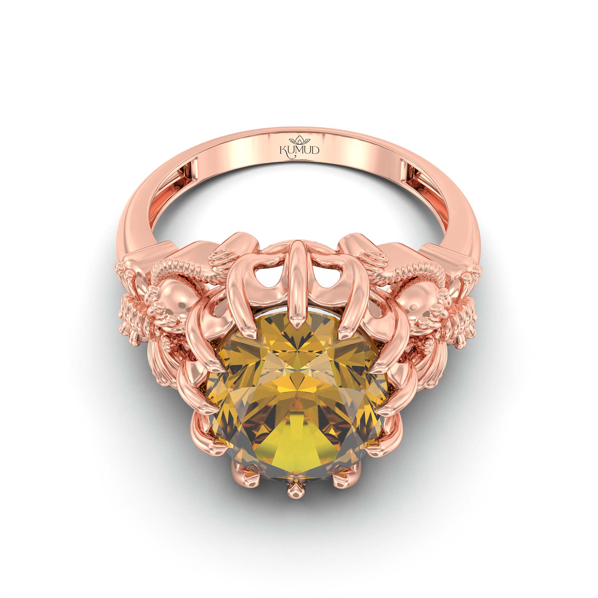 Yellow Sapphire (Pukhraj) Ring for Men in 18K Rose Gold – Oval 14x11 mm, Prong Setting, 10 g (Design K12-8) thumbnail