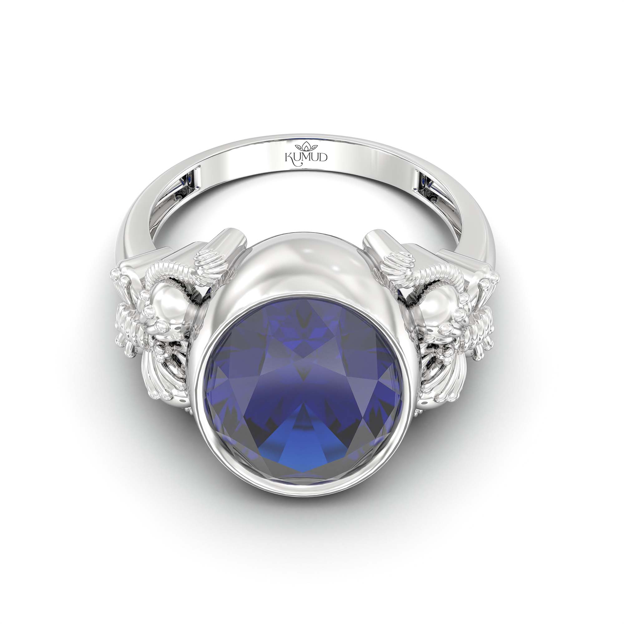 Blue Sapphire (Neelam) Ring for Men in 18K White Gold – Oval 14x11 mm, Bezel Setting, 10 g (Design K12-8) thumbnail