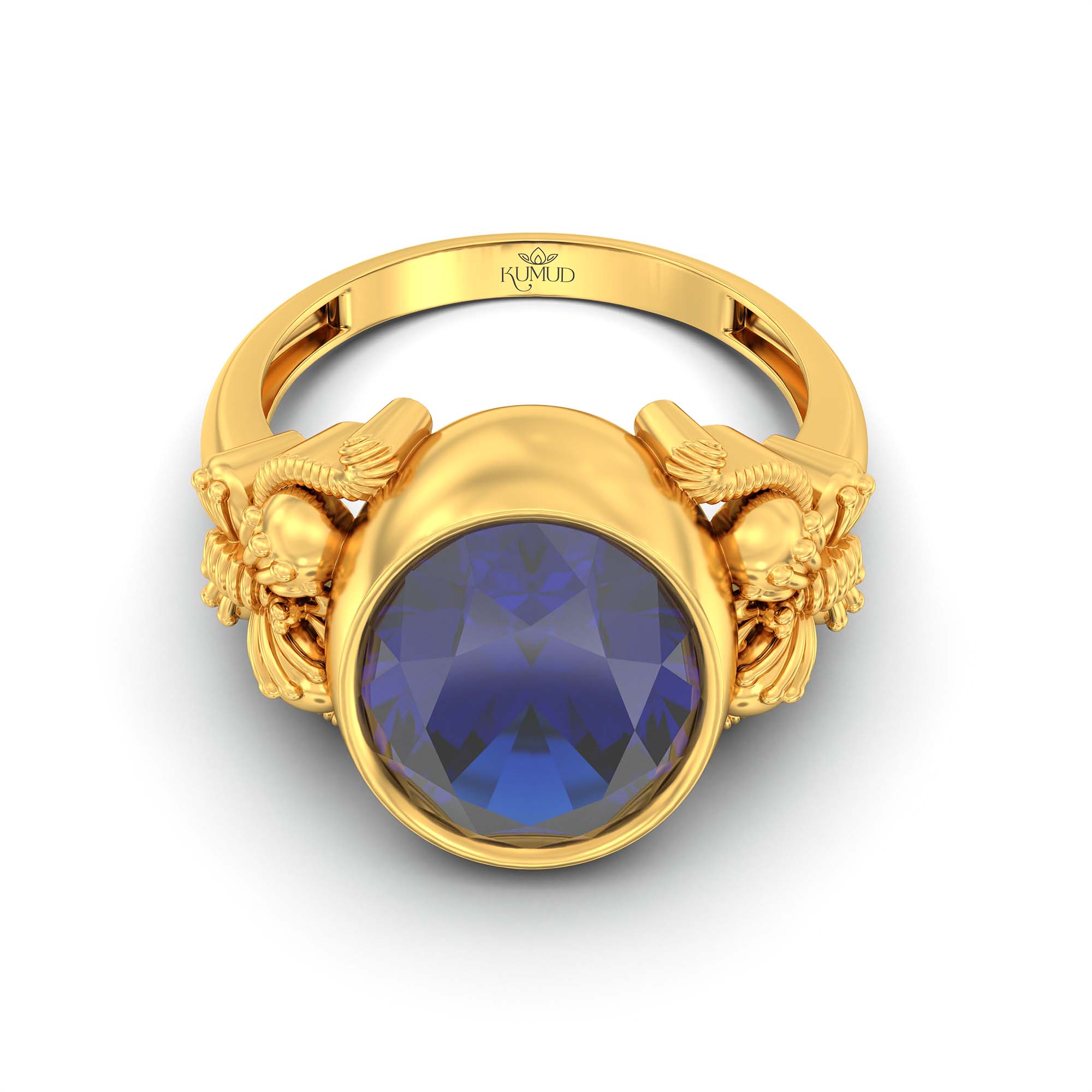 Blue Sapphire (Neelam) Ring for Men in 22K Yellow Gold – Oval 14x11 mm, Bezel Setting, 10 g (Design K12-8) thumbnail