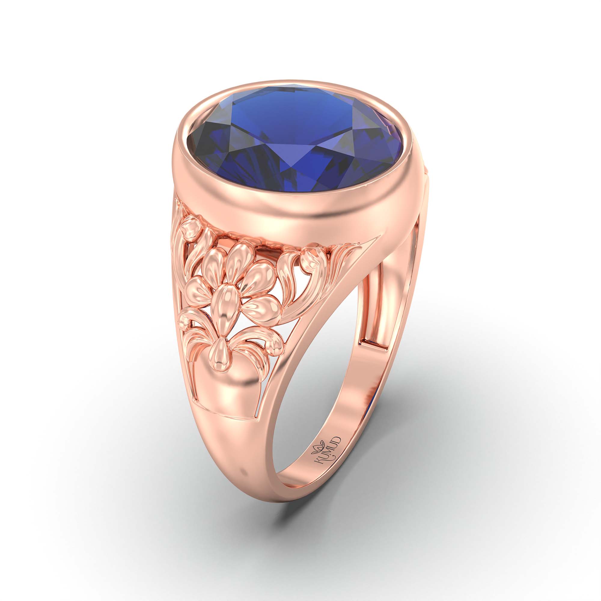 Blue Sapphire (Neelam) Ring for Men in 18K Rose Gold – Oval 14x11 mm, Bezel Setting, 9 g (Design K12-9) thumbnail
