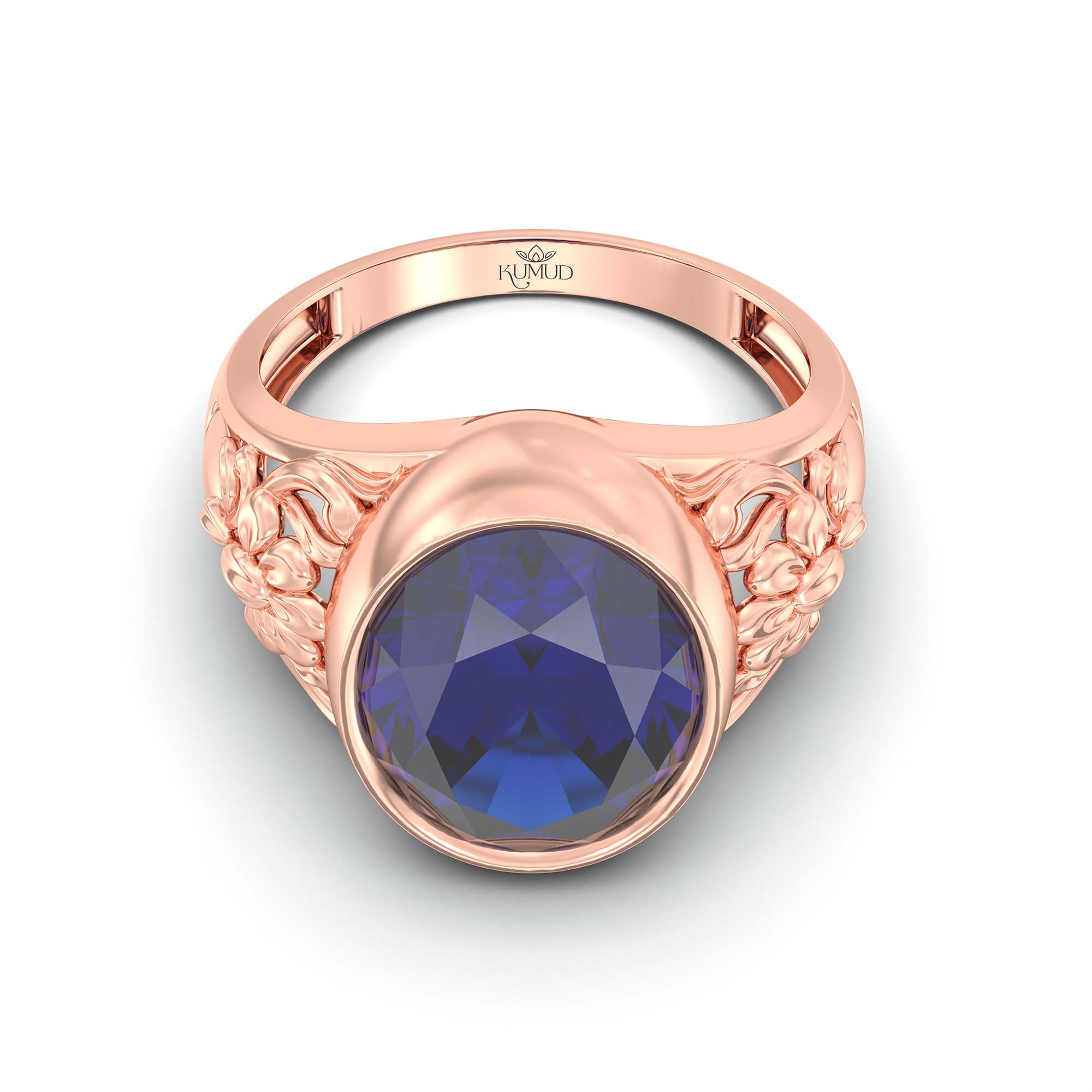 Blue Sapphire (Neelam) Ring for Men in 18K Rose Gold – Oval 14x11 mm, Bezel Setting, 9 g (Design K12-9) thumbnail