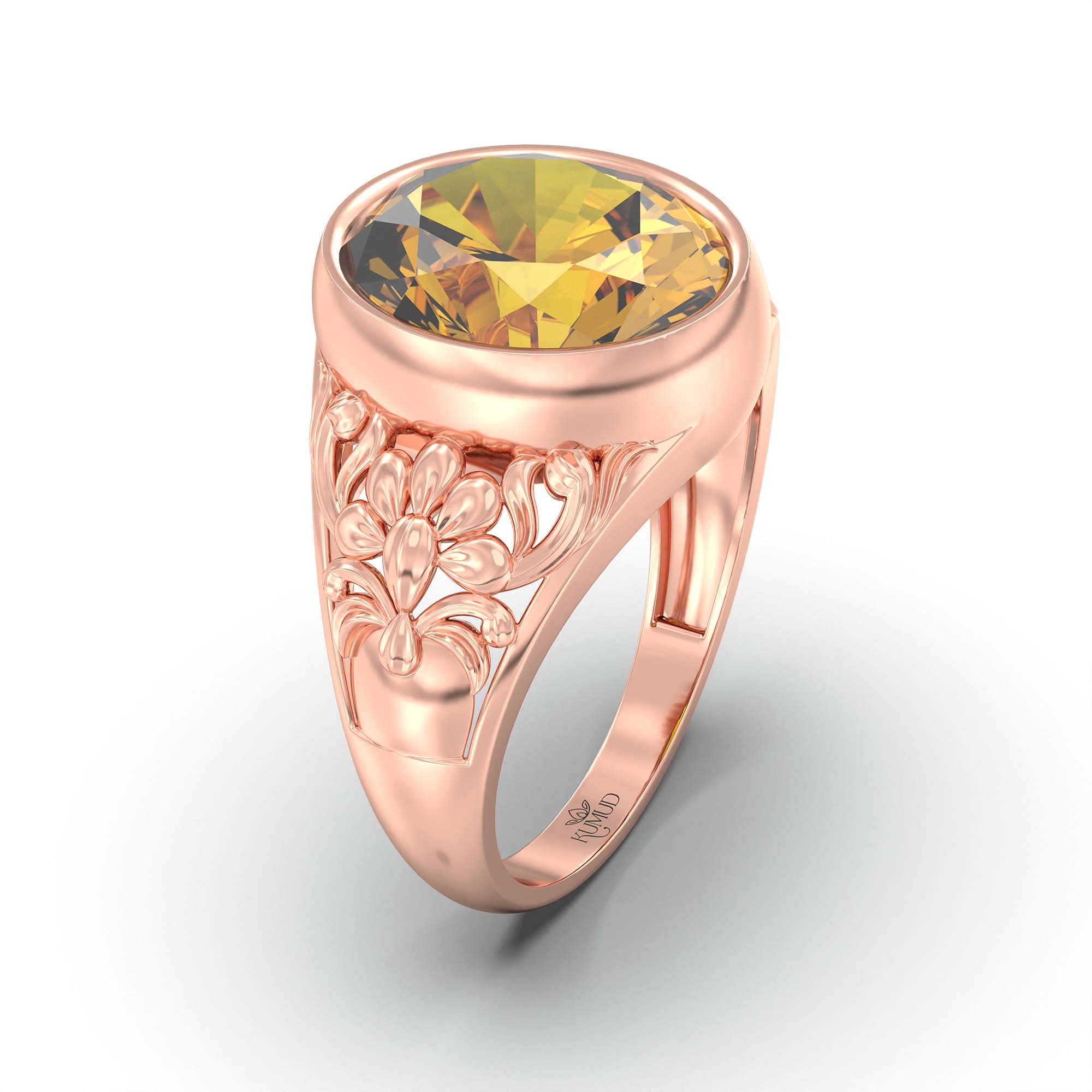 Yellow Sapphire (Pukhraj) Ring for Men in 18K Rose Gold – Oval 14x11 mm, Bezel Setting, 9 g (Design K12-9) thumbnail