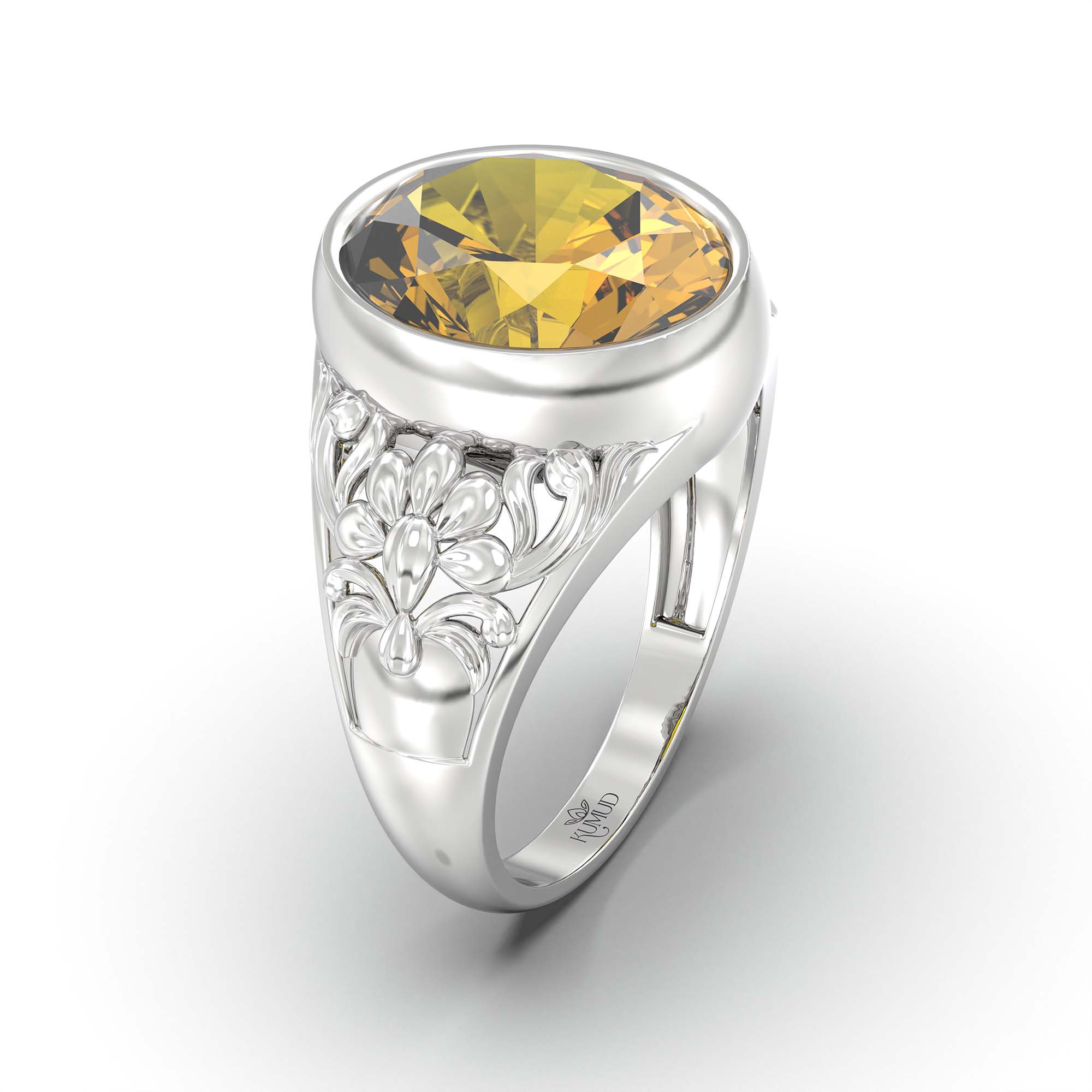 Yellow Sapphire (Pukhraj) Ring for Men in 18K White Gold – Oval 14x11 mm, Bezel Setting, 9 g (Design K12-9) thumbnail