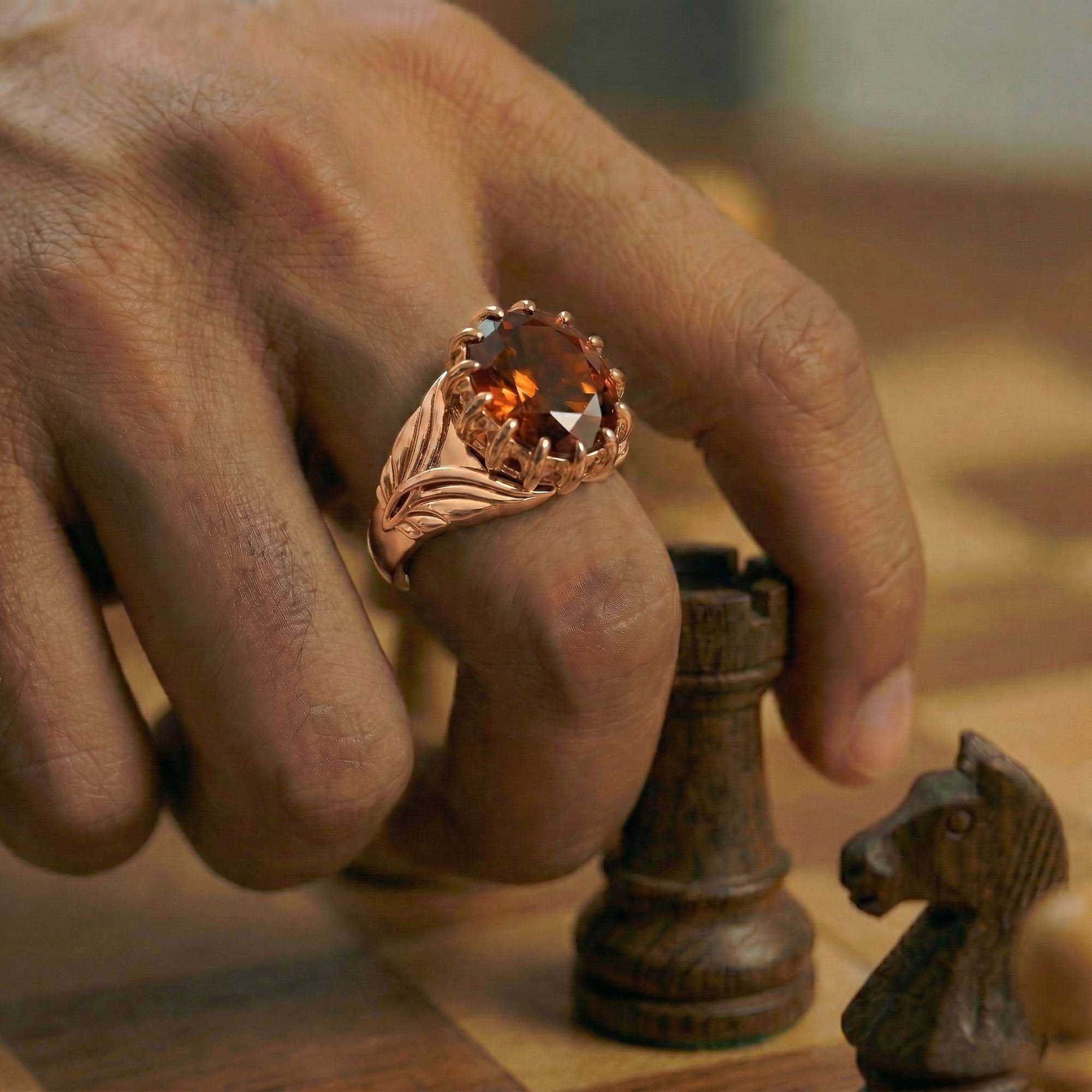 Hessonite (Gomed) Ring for Men in 18K Rose Gold – Oval 14x11 mm, Prong Setting, 11 g (Design K12-10) thumbnail