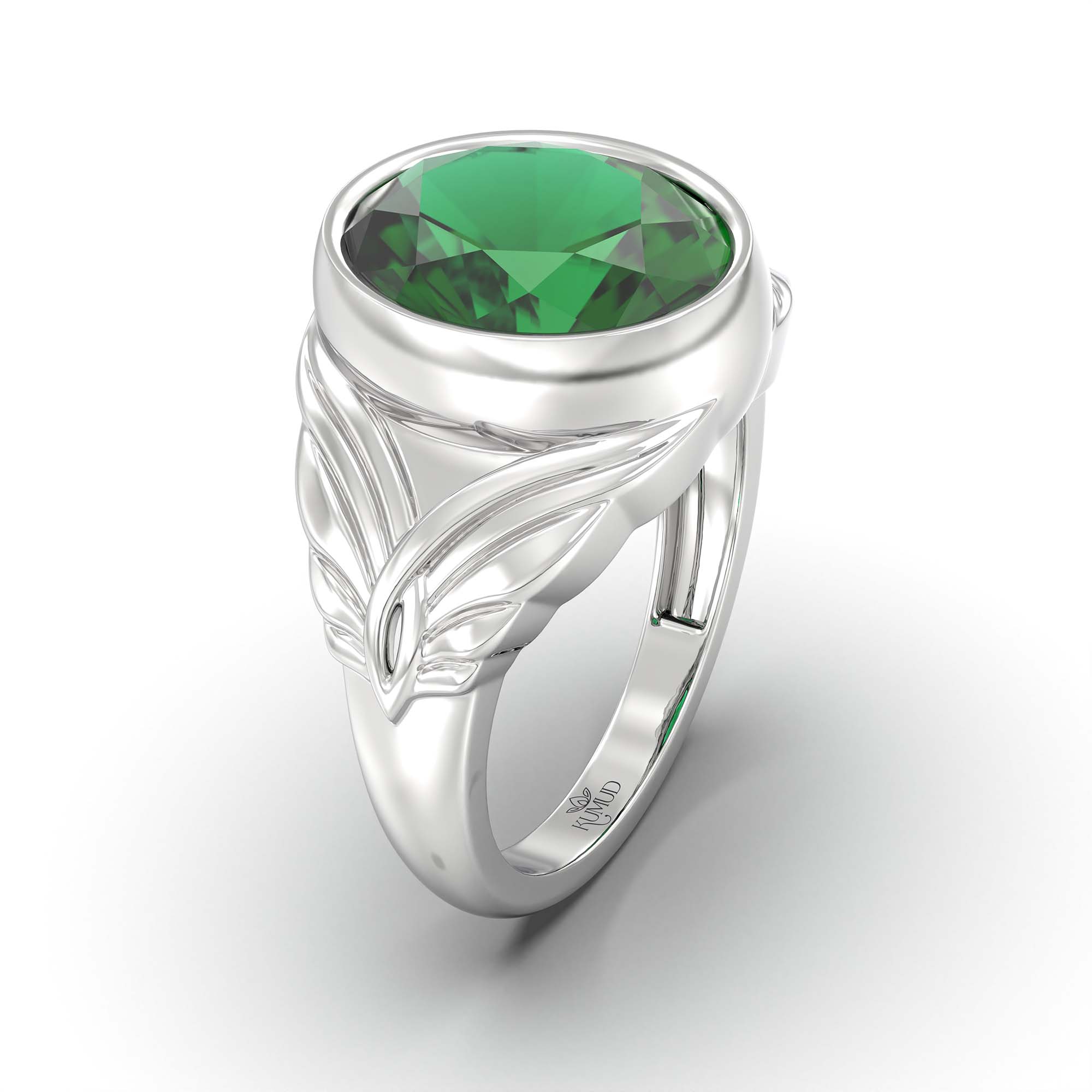 Emerald (Panna) Ring for Men in 18K White Gold – Oval 14x11 mm, Bezel Setting, 10 g (Design K12-10) thumbnail