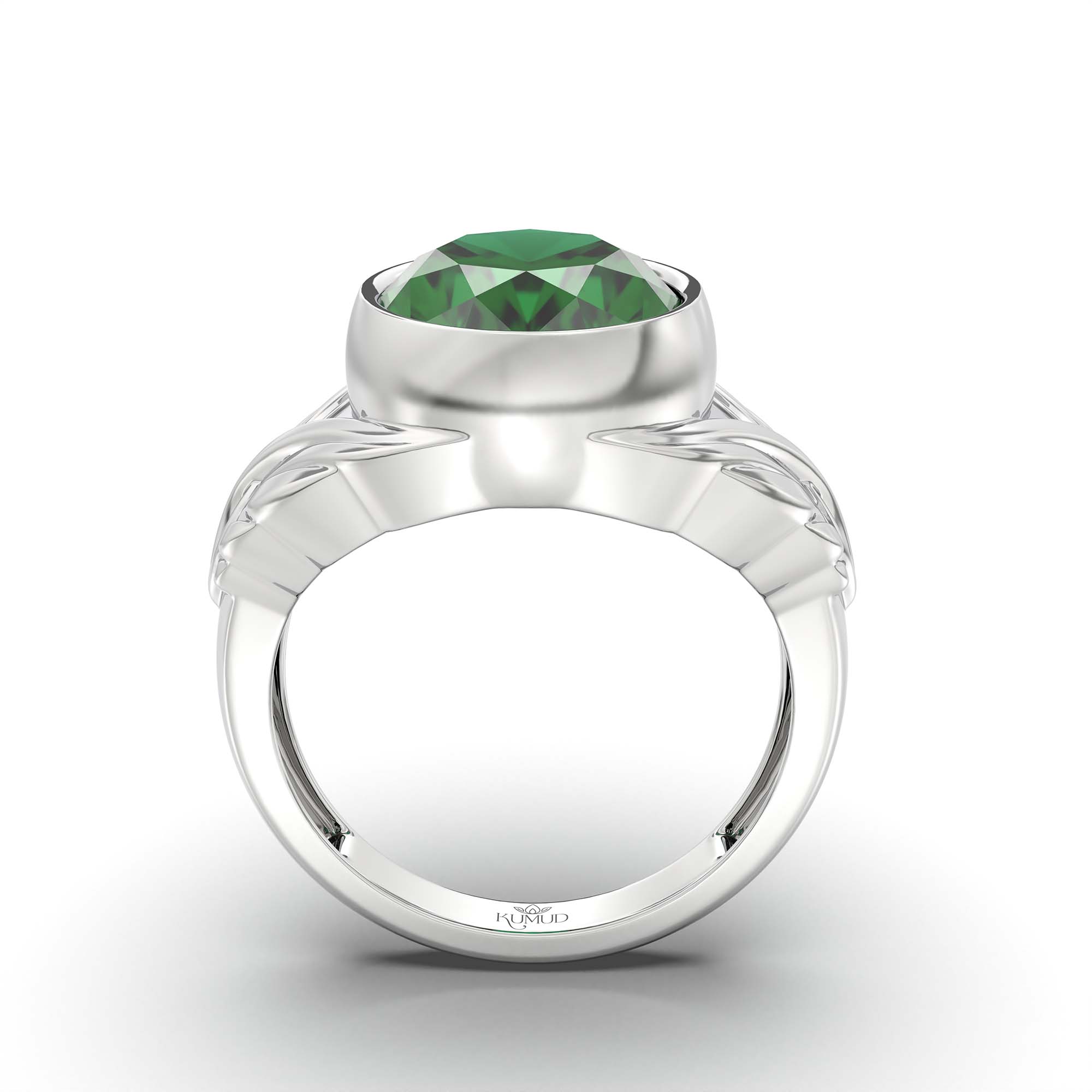 Emerald (Panna) Ring for Men in 18K White Gold – Oval 14x11 mm, Bezel Setting, 10 g (Design K12-10) thumbnail