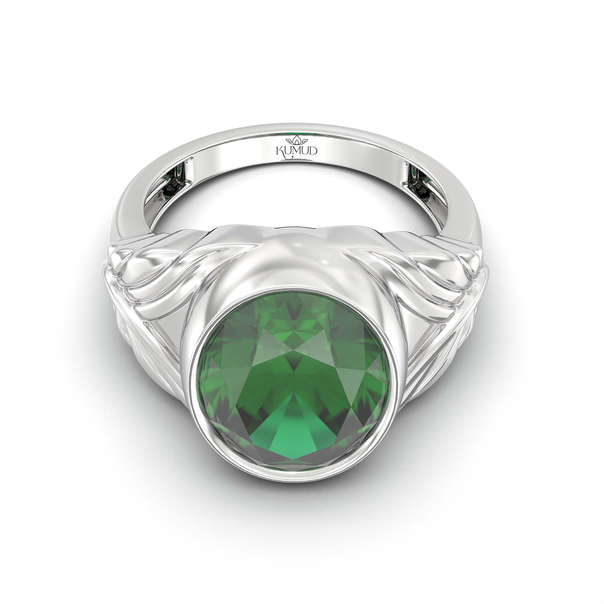 Emerald (Panna) Ring for Men in 18K White Gold – Oval 14x11 mm, Bezel Setting, 10 g (Design K12-10) thumbnail