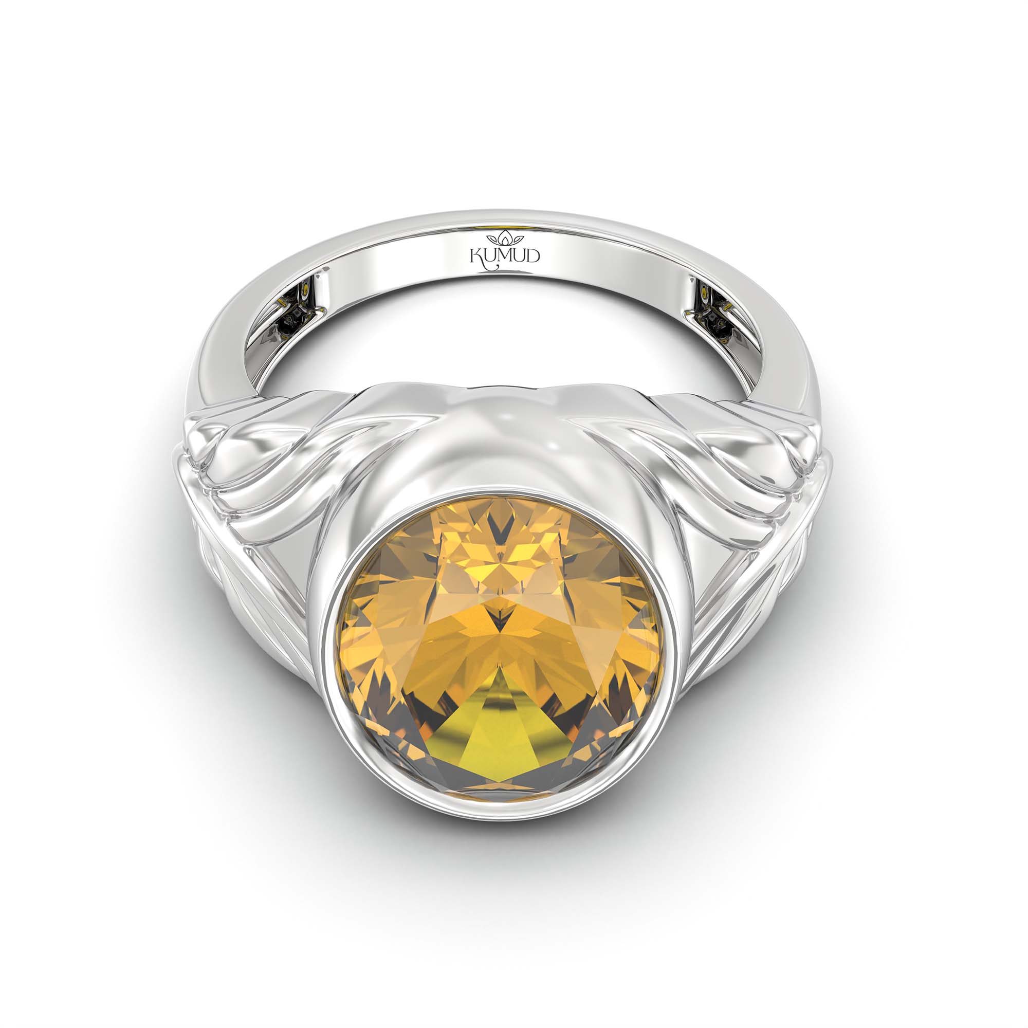 Yellow Sapphire (Pukhraj) Ring for Men in 18K White Gold – Oval 14x11 mm, Bezel Setting, 10 g (Design K12-10) thumbnail