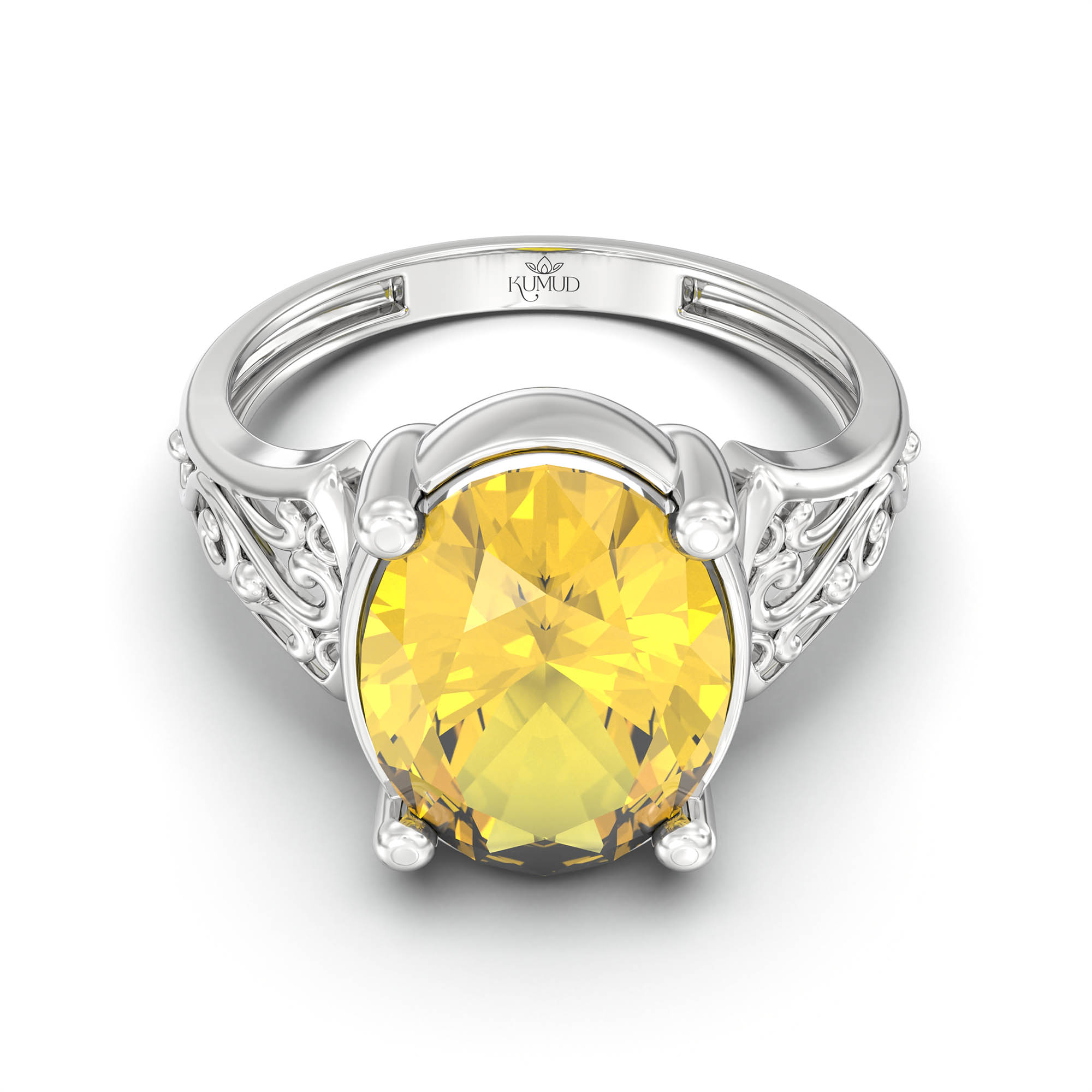 Yellow Sapphire (Pukhraj) Ring for Women in 925 Sterling Silver – Oval 11x8 mm, Prong Setting, 4 g (Design K14-1) thumbnail
