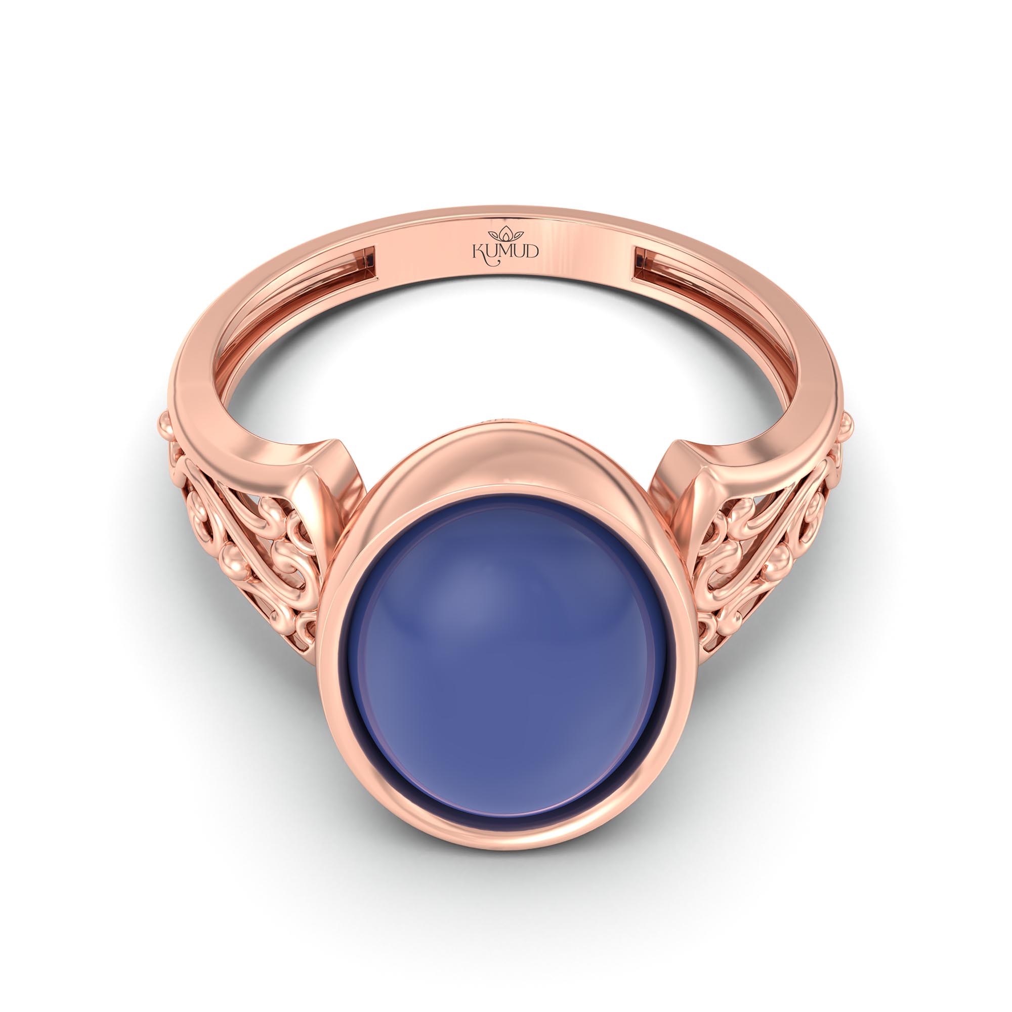 Blue Sapphire (Neelam) Ring for Women in 18K Rose Gold – Oval Cabochon 11x8 mm, Bezel Setting, 4 g (Design K14-1) thumbnail