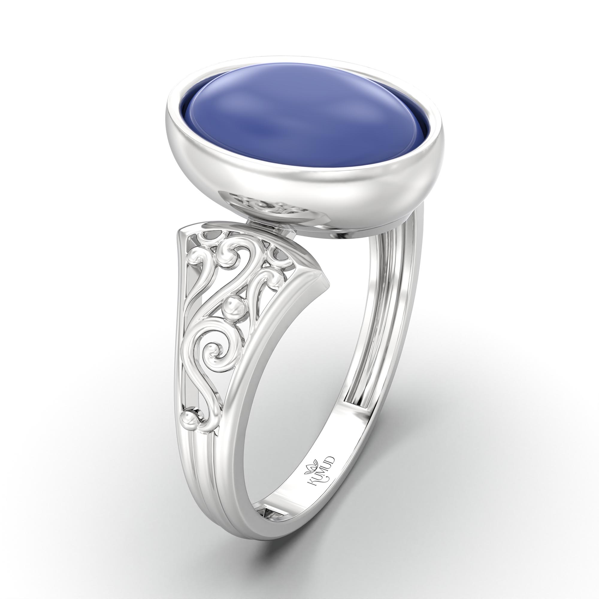 Blue Sapphire (Neelam) Ring for Women in 18K White Gold – Oval Cabochon 11x8 mm, Bezel Setting, 4 g (Design K14-1) thumbnail