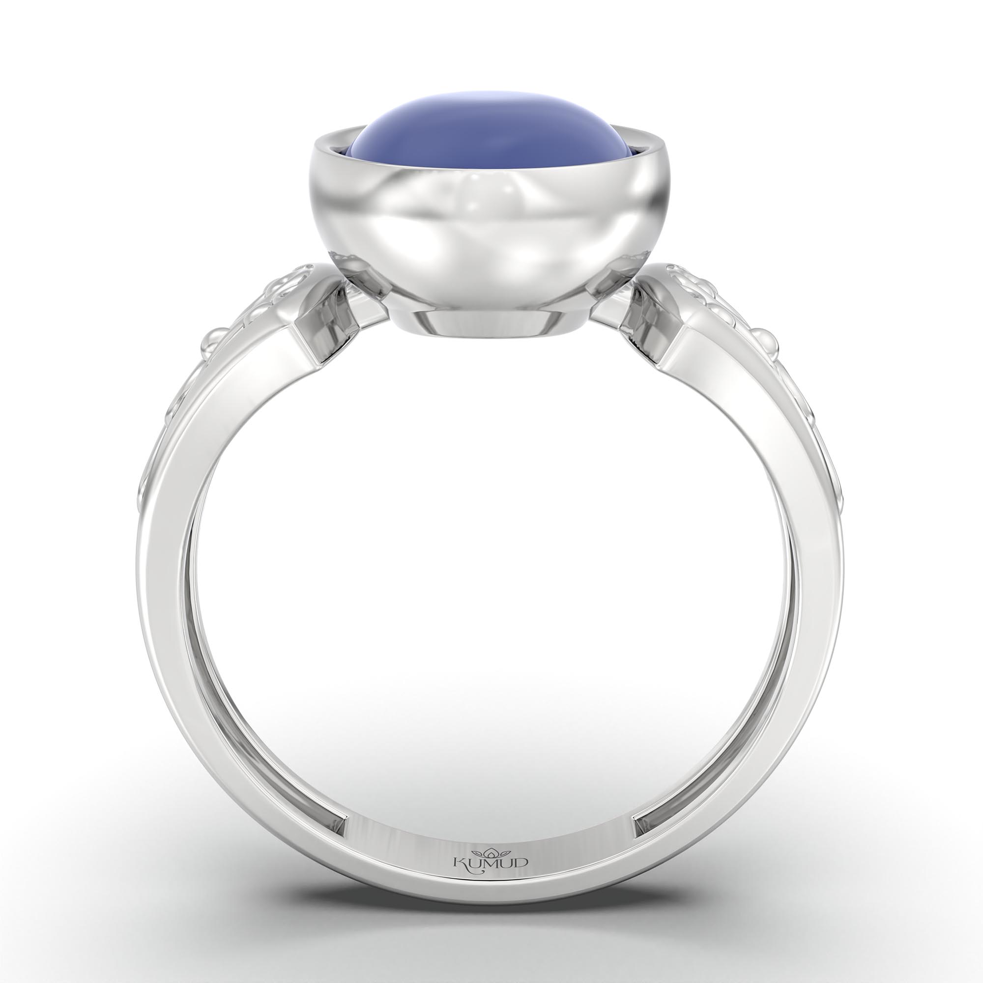 Blue Sapphire (Neelam) Ring for Women in 18K White Gold – Oval Cabochon 11x8 mm, Bezel Setting, 4 g (Design K14-1) thumbnail