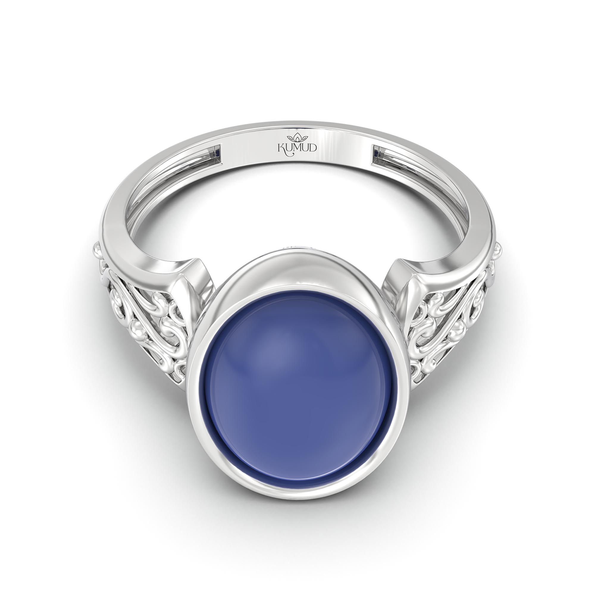Blue Sapphire (Neelam) Ring for Women in 18K White Gold – Oval Cabochon 11x8 mm, Bezel Setting, 4 g (Design K14-1) thumbnail