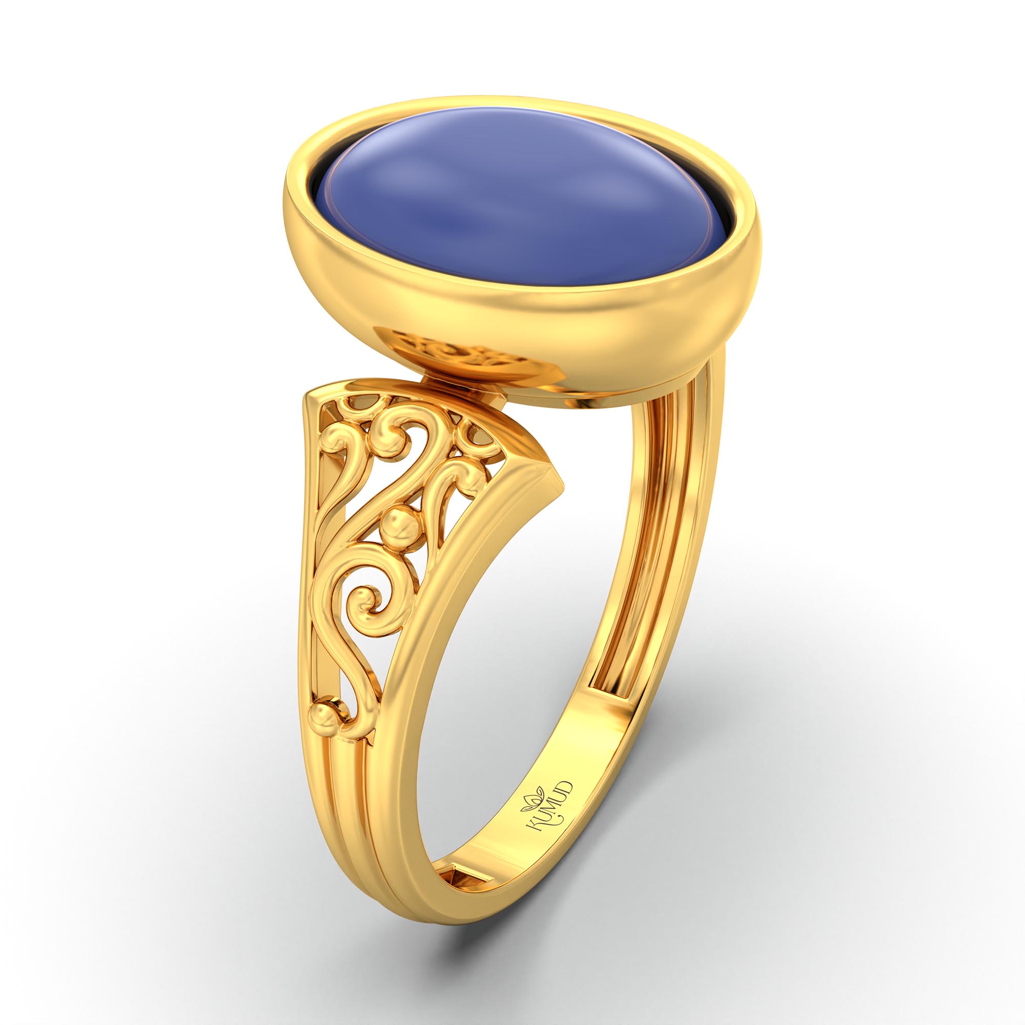 Blue Sapphire (Neelam) Ring for Women in 22K Yellow Gold – Oval Cabochon 11x8 mm, Bezel Setting, 4 g (Design K14-1) thumbnail