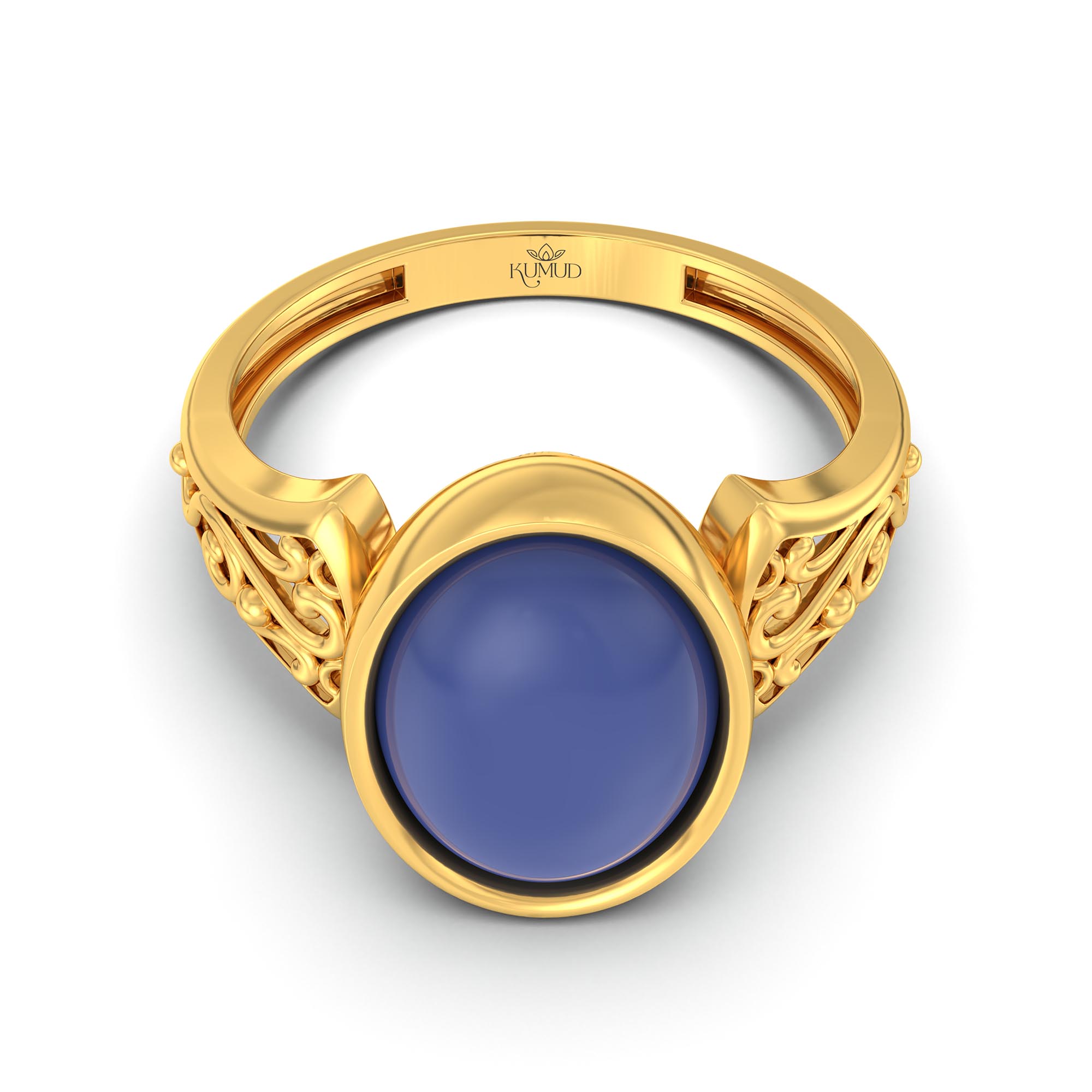 Blue Sapphire (Neelam) Ring for Women in 22K Yellow Gold – Oval Cabochon 11x8 mm, Bezel Setting, 4 g (Design K14-1) thumbnail