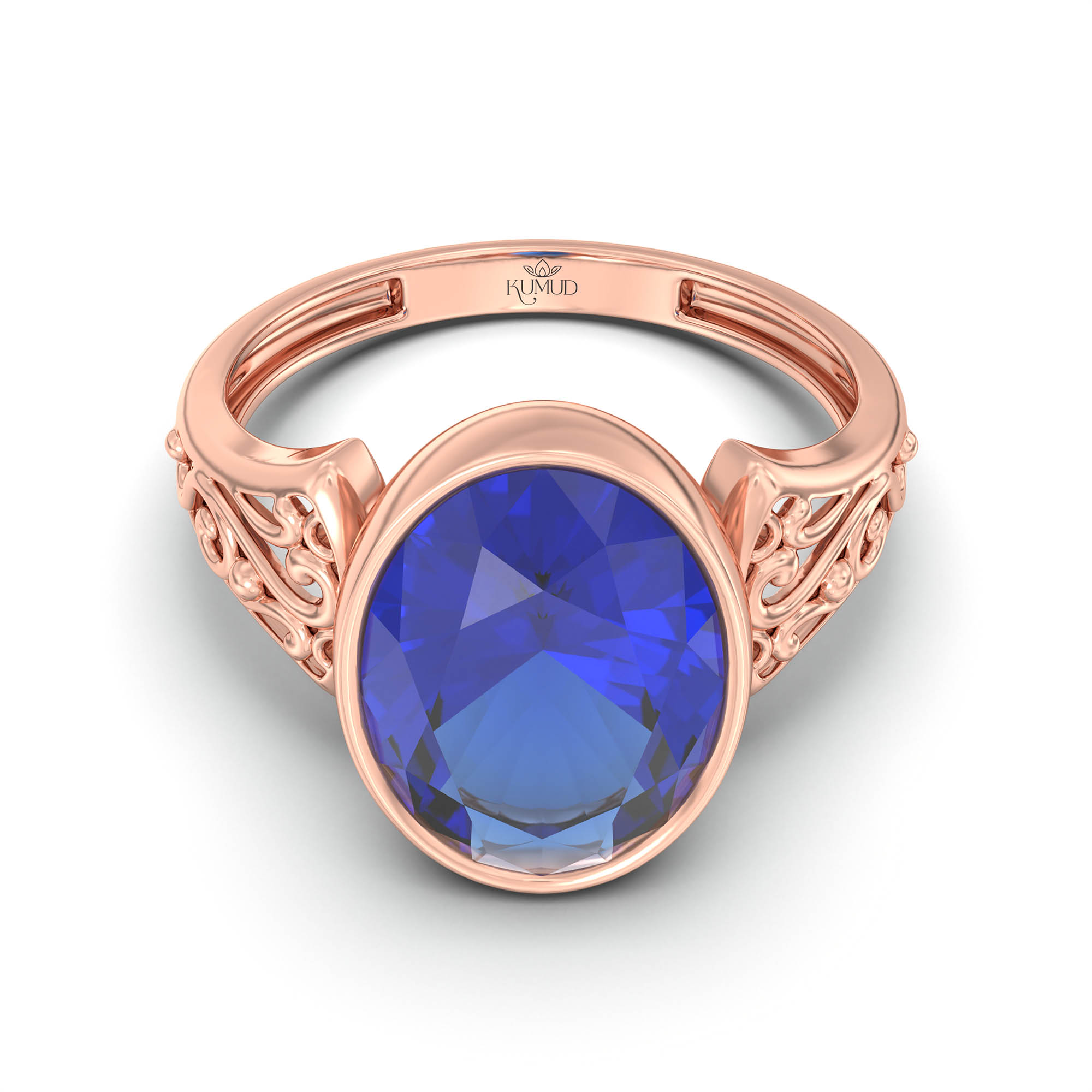 Blue Sapphire (Neelam) Ring for Women in 18K Rose Gold – Oval 11x8 mm, Bezel Setting, 4 g (Design K14-1) thumbnail