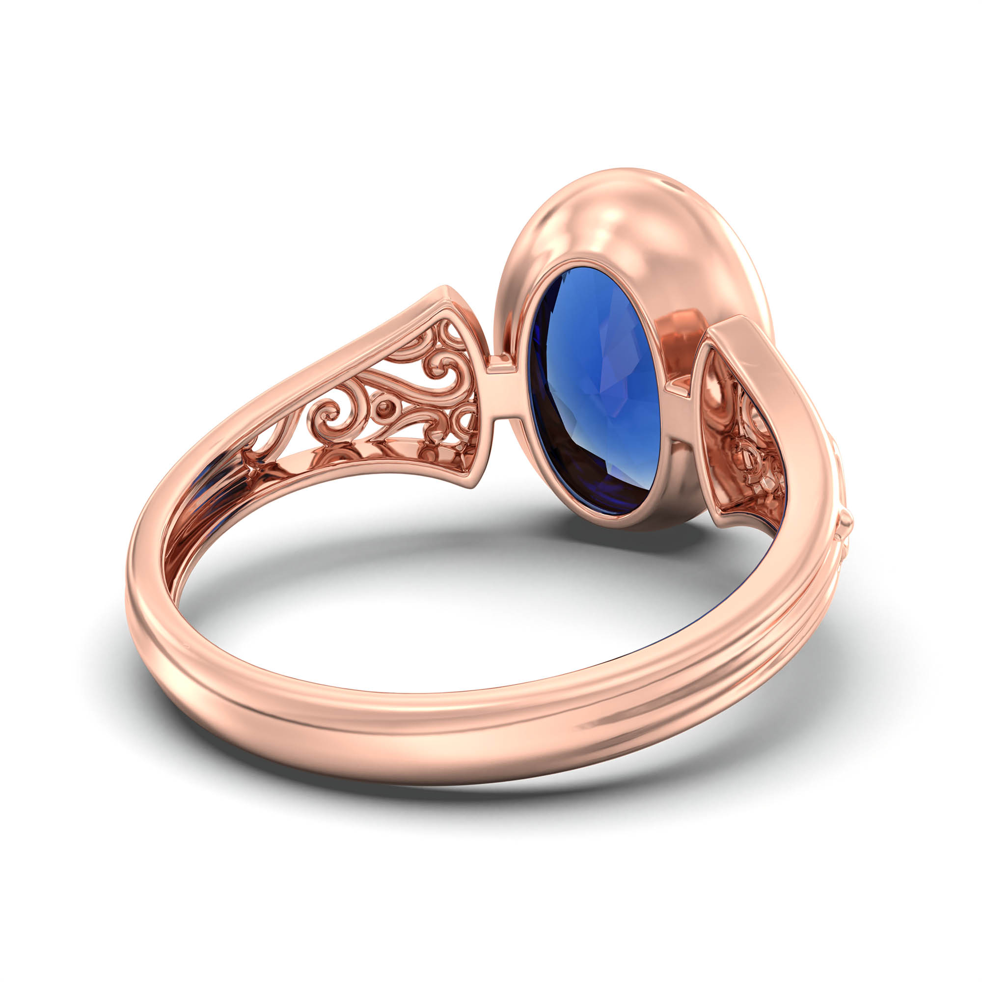 Blue Sapphire (Neelam) Ring for Women in 18K Rose Gold – Oval 11x8 mm, Bezel Setting, 4 g (Design K14-1) thumbnail