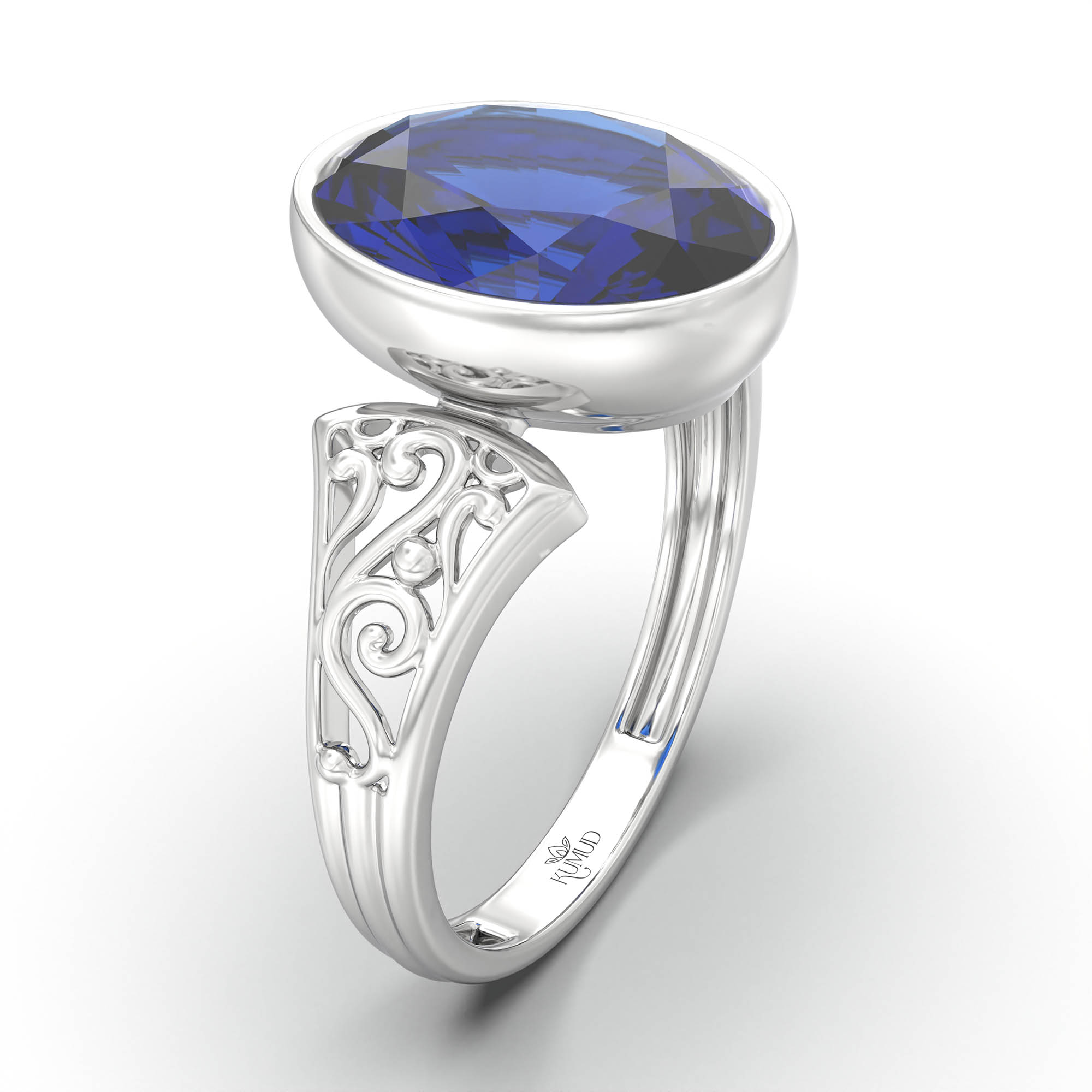 Blue Sapphire (Neelam) Ring for Women in 18K White Gold – Oval 11x8 mm, Bezel Setting, 4 g (Design K14-1) thumbnail