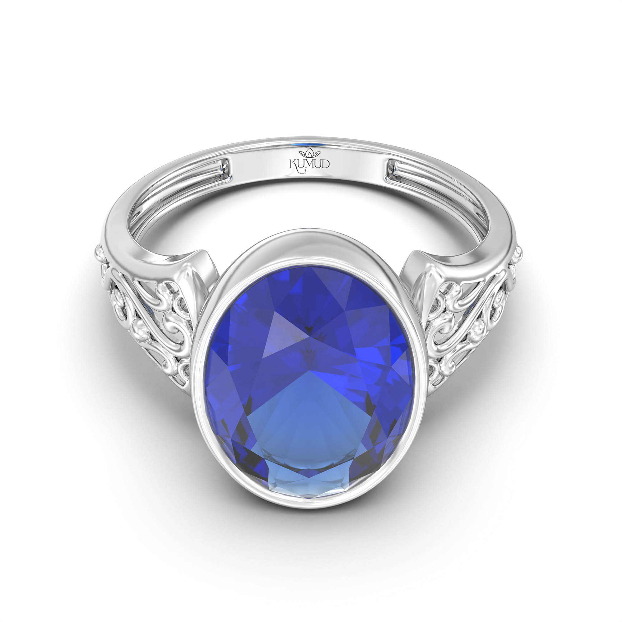 Blue Sapphire (Neelam) Ring for Women in 18K White Gold – Oval 11x8 mm, Bezel Setting, 4 g (Design K14-1) thumbnail