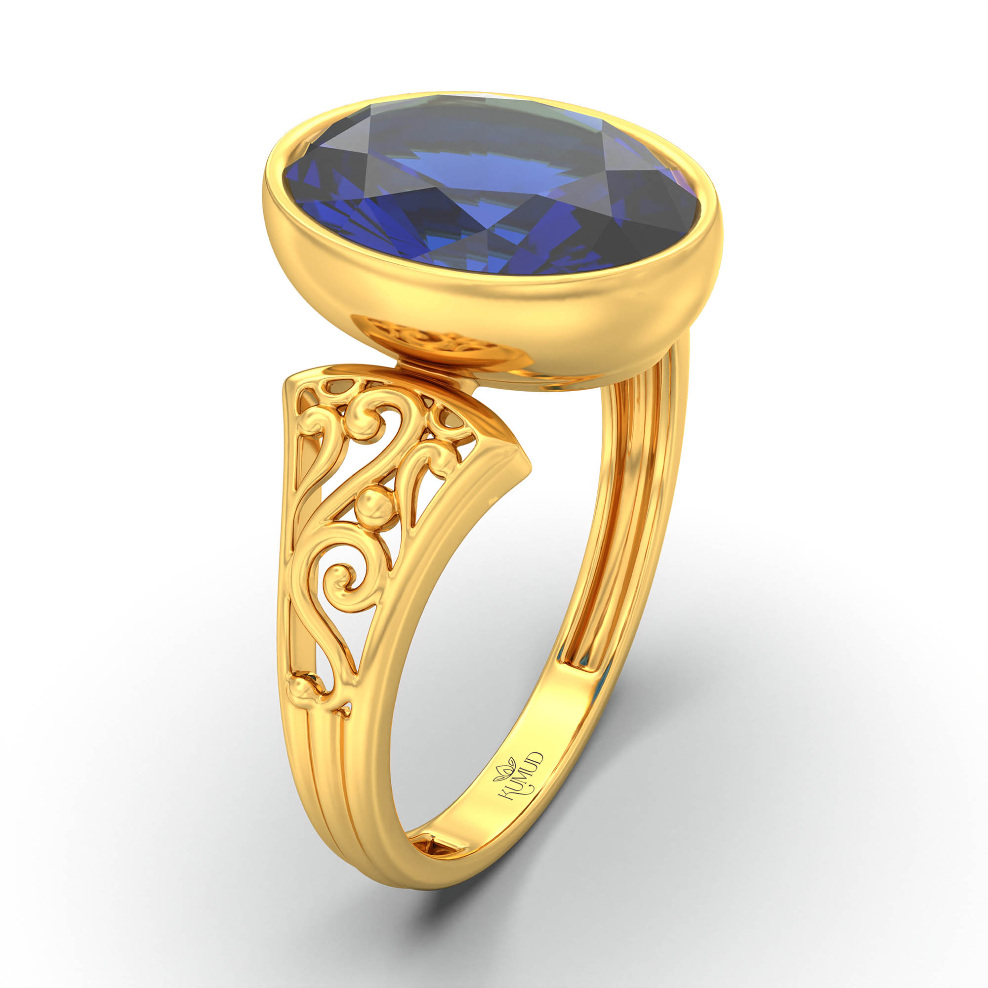 Blue Sapphire (Neelam) Ring for Women in 22K Yellow Gold – Oval 11x8 mm, Bezel Setting, 4 g (Design K14-1) thumbnail