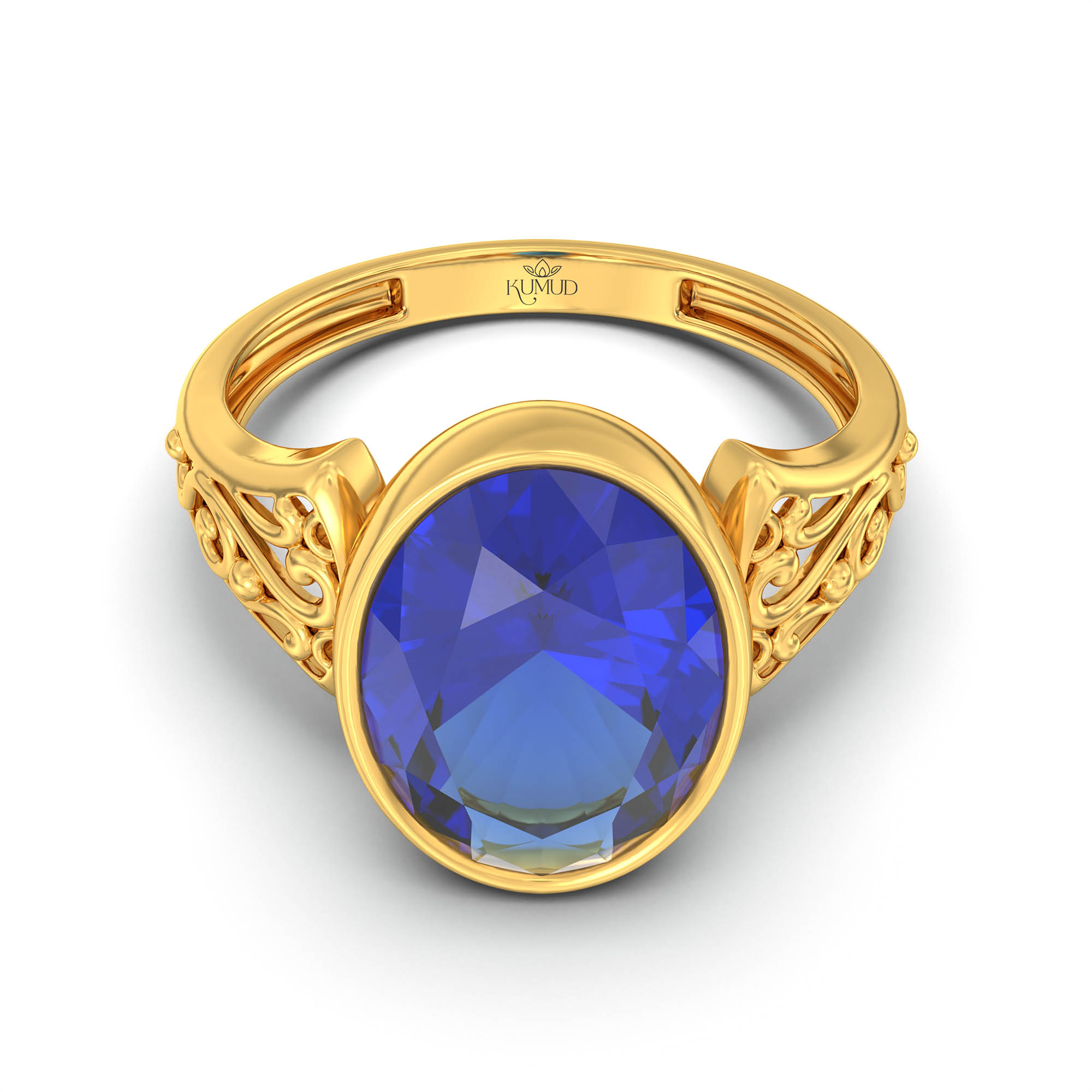 Blue Sapphire (Neelam) Ring for Women in 22K Yellow Gold – Oval 11x8 mm, Bezel Setting, 4 g (Design K14-1) thumbnail