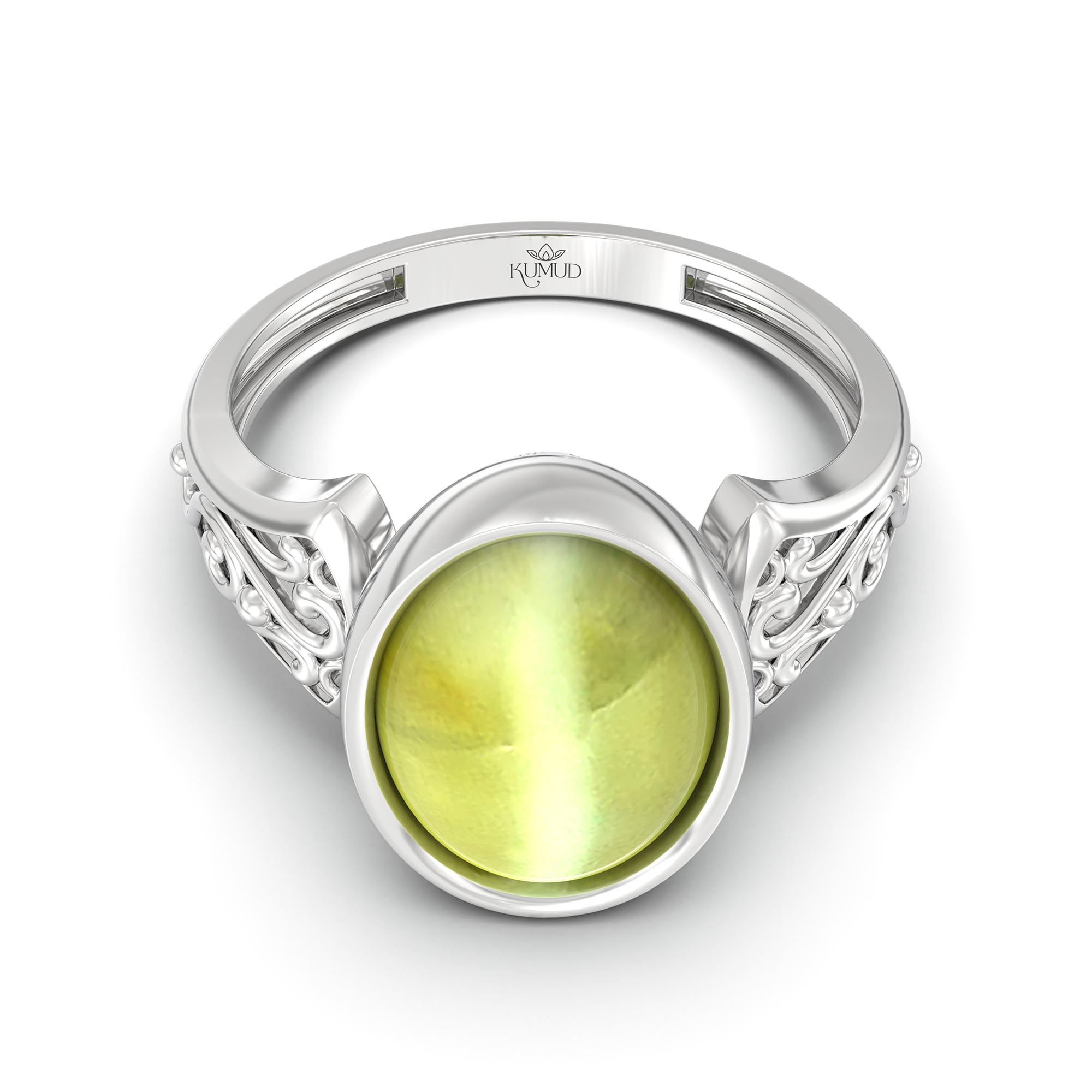Cat's Eye (Lehsunia) Ring for Women in 925 Sterling Silver – Oval Cabochon 11x8 mm, Bezel Setting, 4 g (Design K14-1) thumbnail