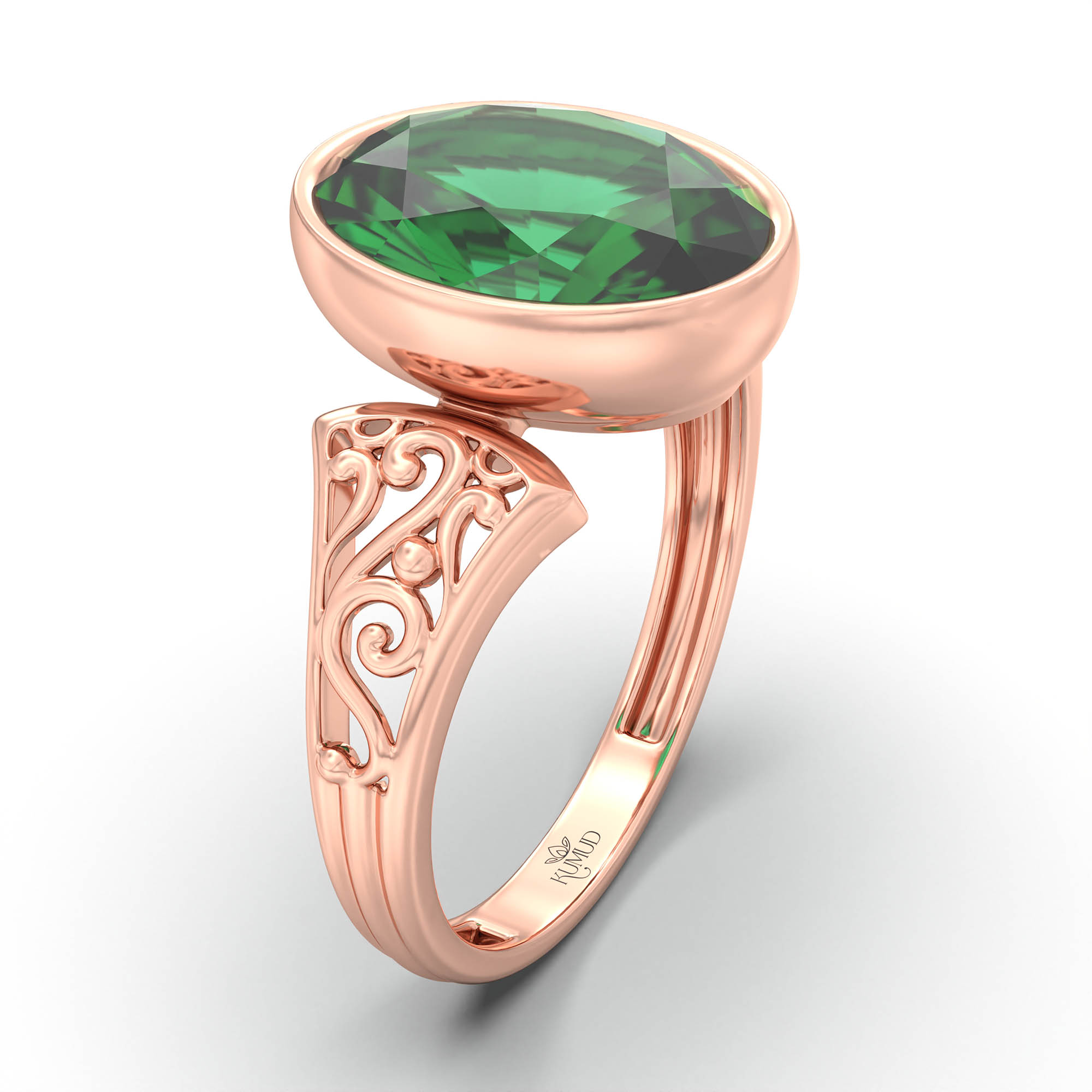 Emerald (Panna) Ring for Women in 18K Rose Gold – Oval 11x8 mm, Bezel Setting, 4 g (Design K14-1) thumbnail