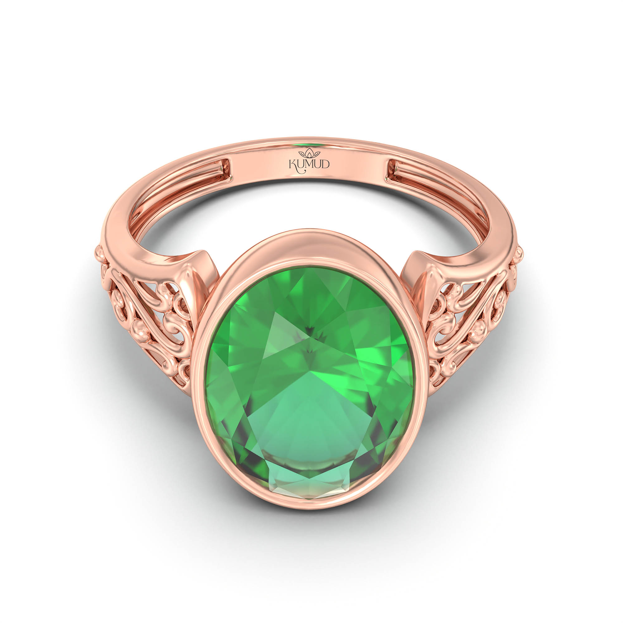 Emerald (Panna) Ring for Women in 18K Rose Gold – Oval 11x8 mm, Bezel Setting, 4 g (Design K14-1) thumbnail