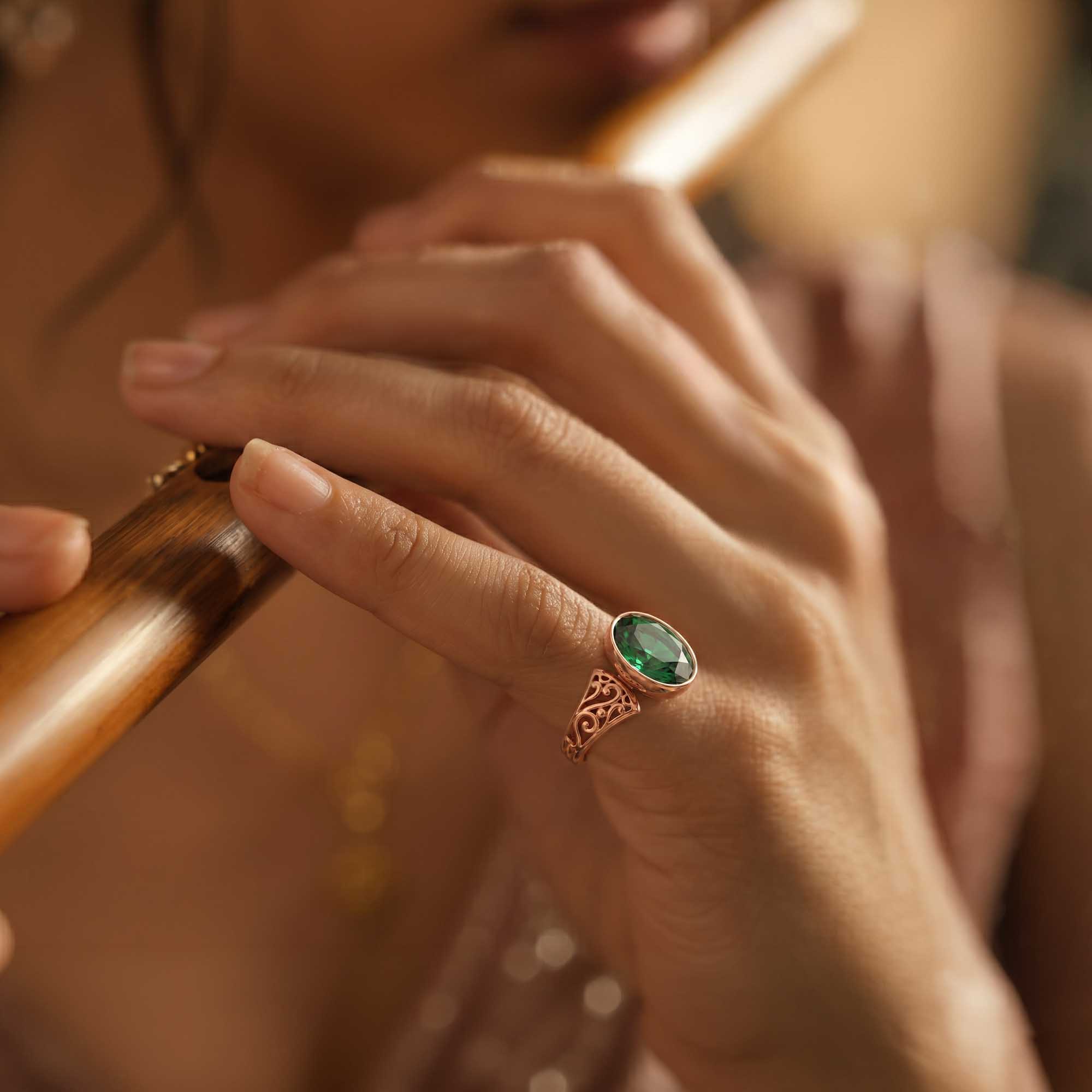Emerald (Panna) Ring for Women in 18K Rose Gold – Oval 11x8 mm, Bezel Setting, 4 g (Design K14-1) thumbnail