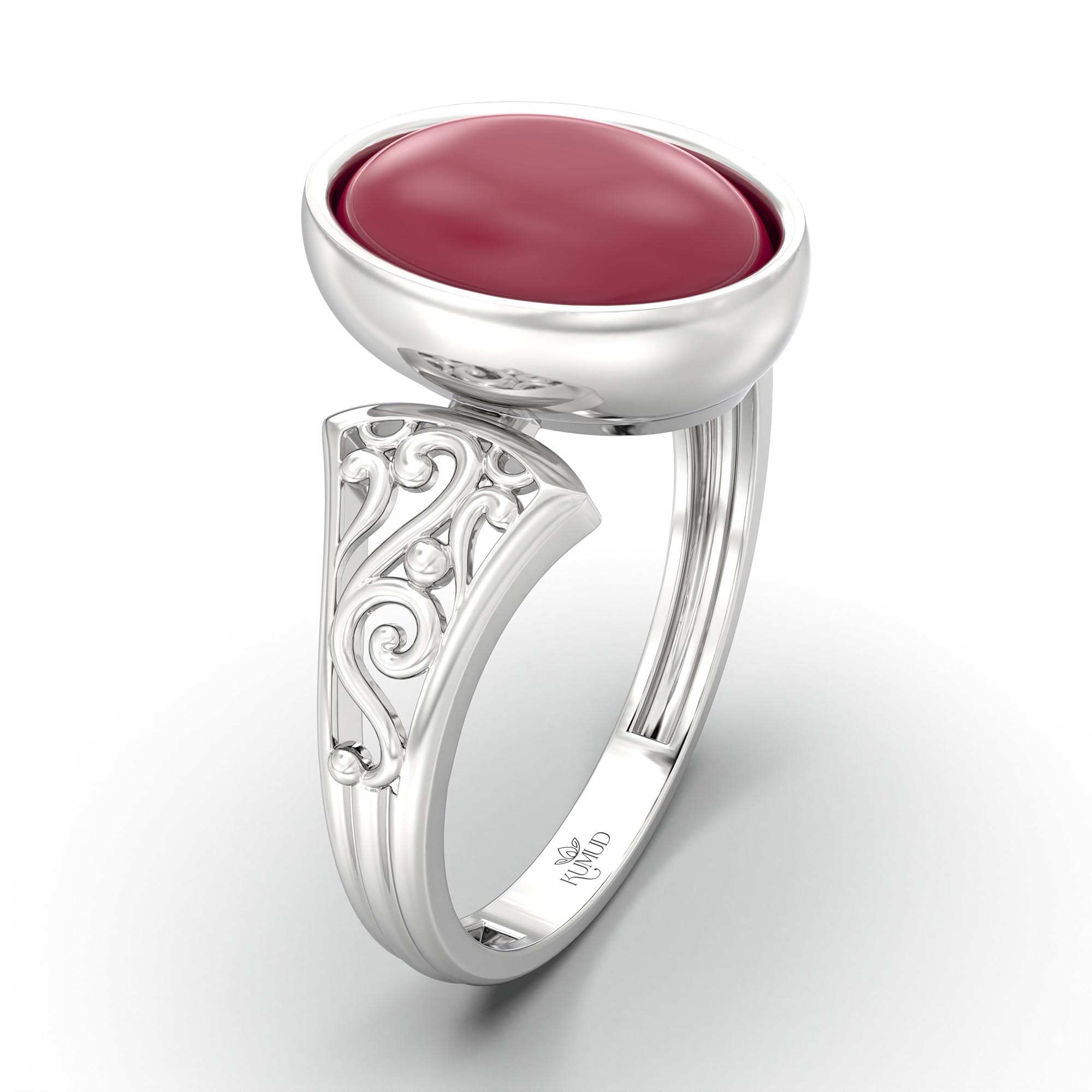 Ruby (Manik) Ring for Women in 18K White Gold – Oval Cabochon 11x8 mm, Bezel Setting, 4 g (Design K14-1) thumbnail