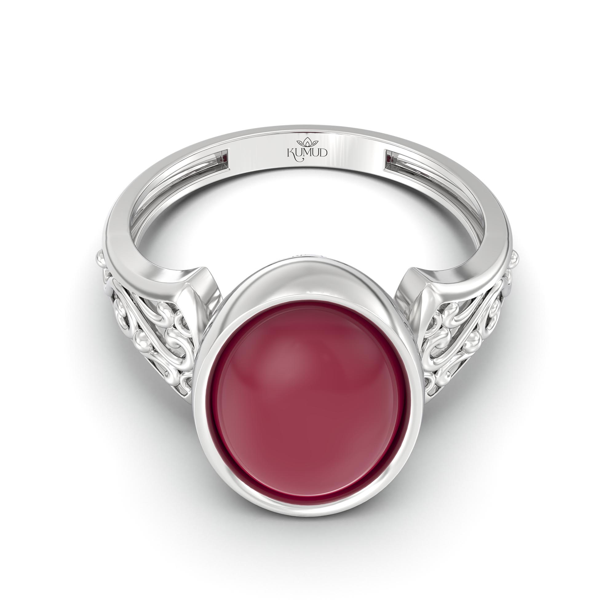 Ruby (Manik) Ring for Women in 18K White Gold – Oval Cabochon 11x8 mm, Bezel Setting, 4 g (Design K14-1) thumbnail