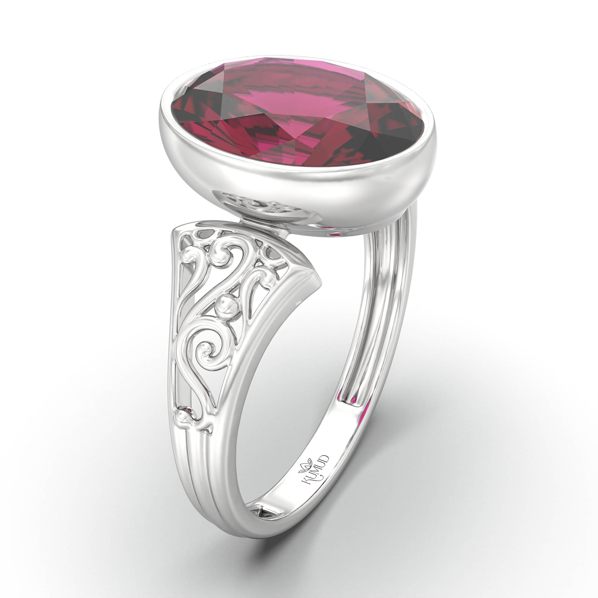 Ruby (Manik) Ring for Women in 18K White Gold – Oval 11x8 mm, Bezel Setting, 4 g (Design K14-1) thumbnail