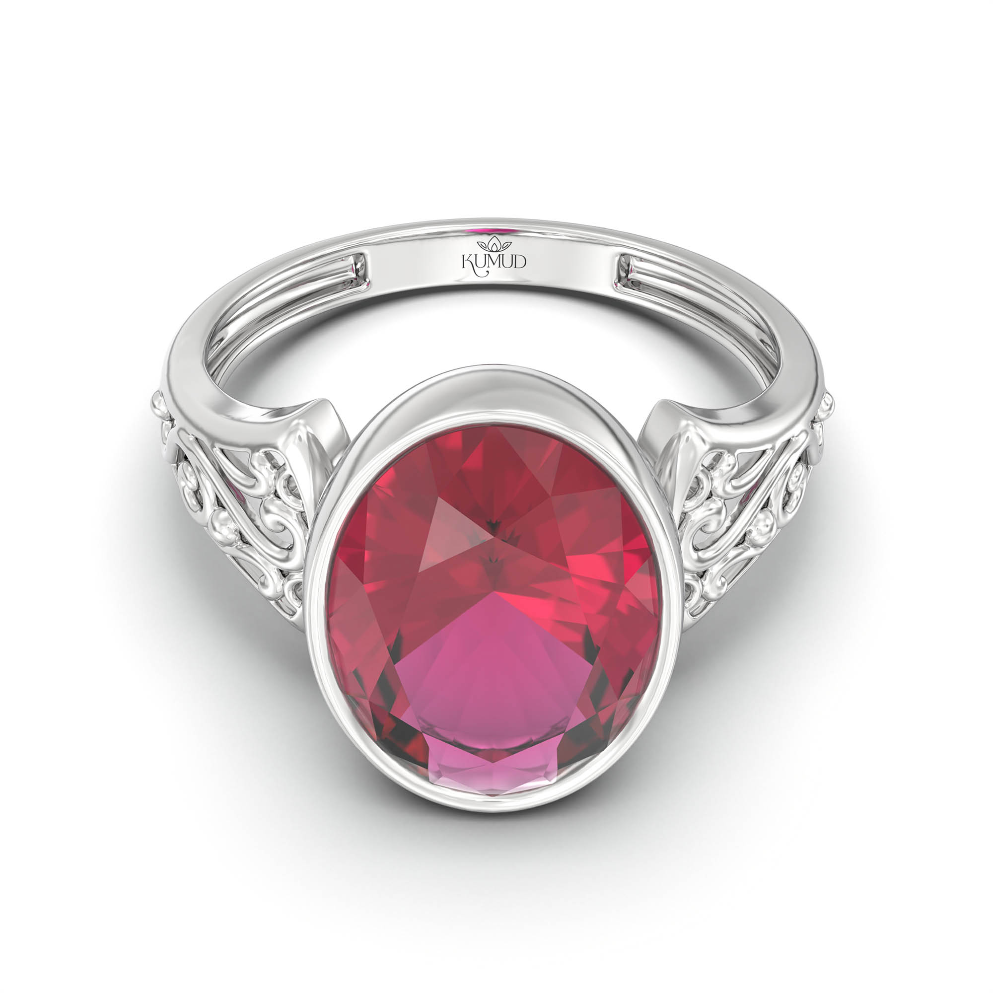 Ruby (Manik) Ring for Women in 18K White Gold – Oval 11x8 mm, Bezel Setting, 4 g (Design K14-1) thumbnail