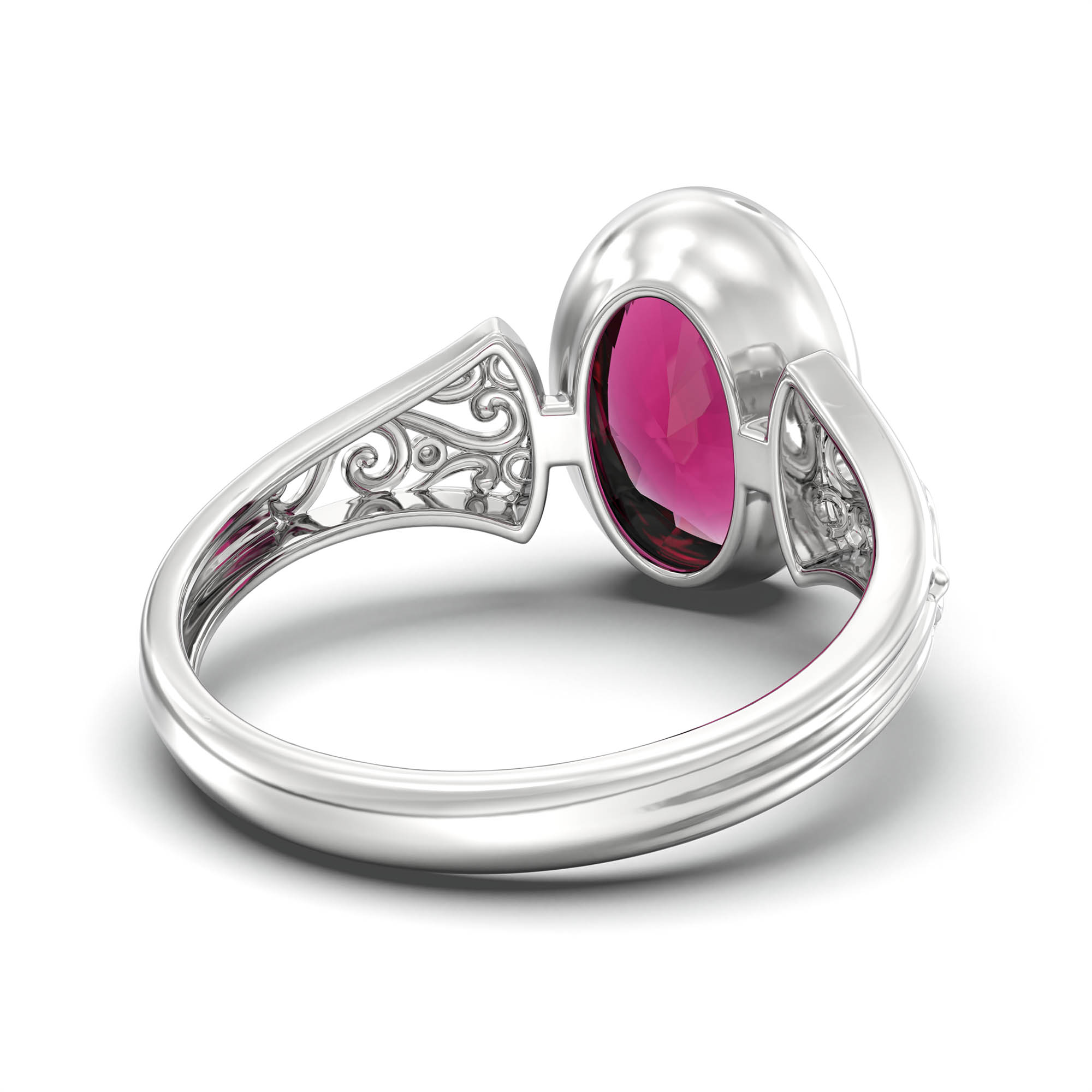 Ruby (Manik) Ring for Women in 18K White Gold – Oval 11x8 mm, Bezel Setting, 4 g (Design K14-1) thumbnail